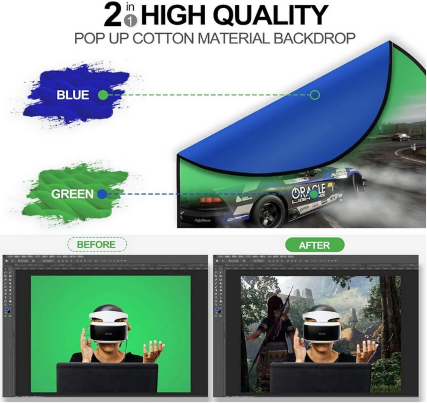 پارچه پس زمینه دو طرفه سبز آبی SKEIDO 2 در 1، کروماکی تاشو دایره ای برای استودیو عکاسی با کیف نگهداری - 100x150 سانتی متر