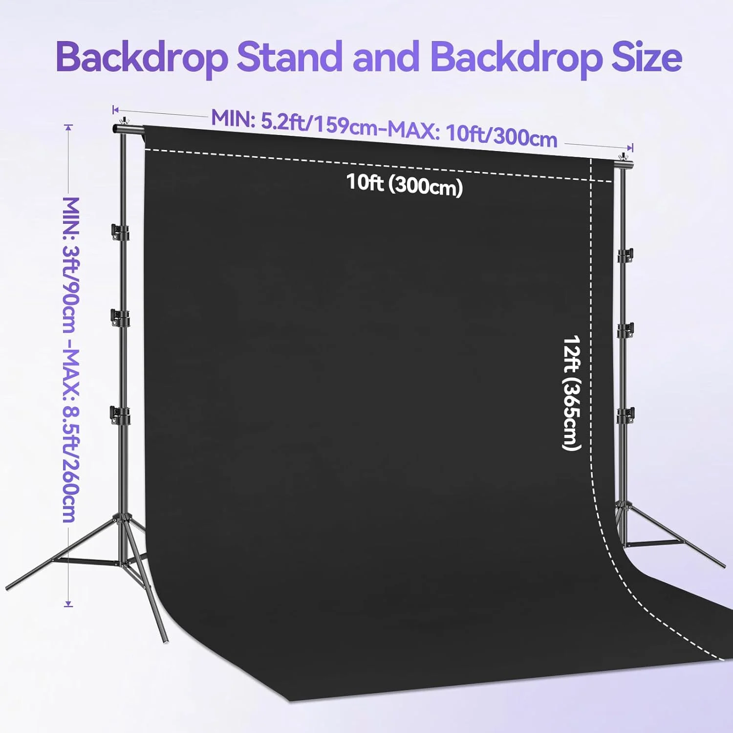 کیت پایه نگهدارنده پس زمینه عکاسی ایمارت 2.6x3 متر با پرده مشکی 3x3.6 متر، سیستم پشتیبانی پس زمینه قابل تنظیم با صفحه نمایش پارچه پلی استر بزرگ قابل حمل برای استودیو عکس و فیلم، مهمانی، پخش زنده