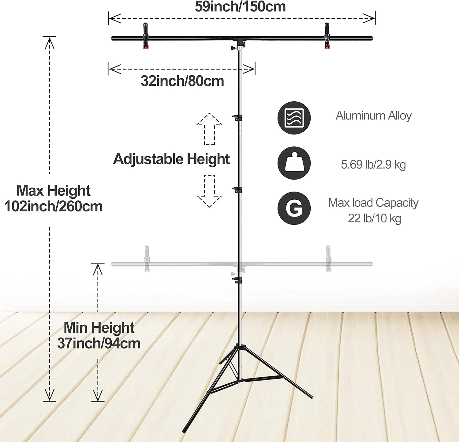 پس زمینه مشکی ایمارت با پایه 1.5x2.6 متر و 1.5x2 متر، صفحه نمایش تاشو با کیت پشتیبانی پس زمینه قابل حمل T شکل برای عکسبرداری، پرتره، مهمانی، استودیو فیلمبرداری