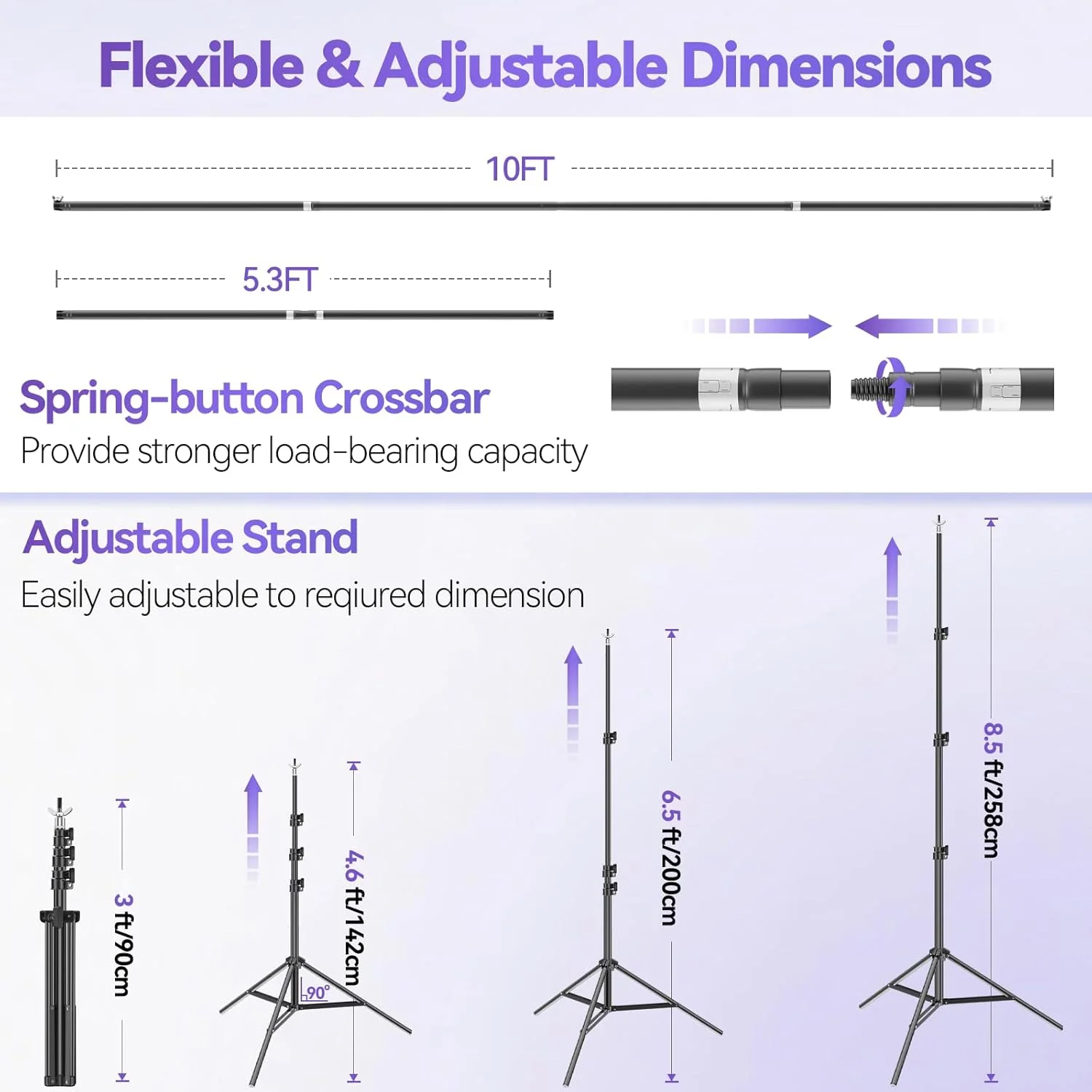 کیت پایه نگهدارنده پس زمینه عکاسی ایمارت 2.6x3 متر با پرده مشکی 3x3.6 متر، سیستم پشتیبانی پس زمینه قابل تنظیم با صفحه نمایش پارچه پلی استر بزرگ قابل حمل برای استودیو عکس و فیلم، مهمانی، پخش زنده