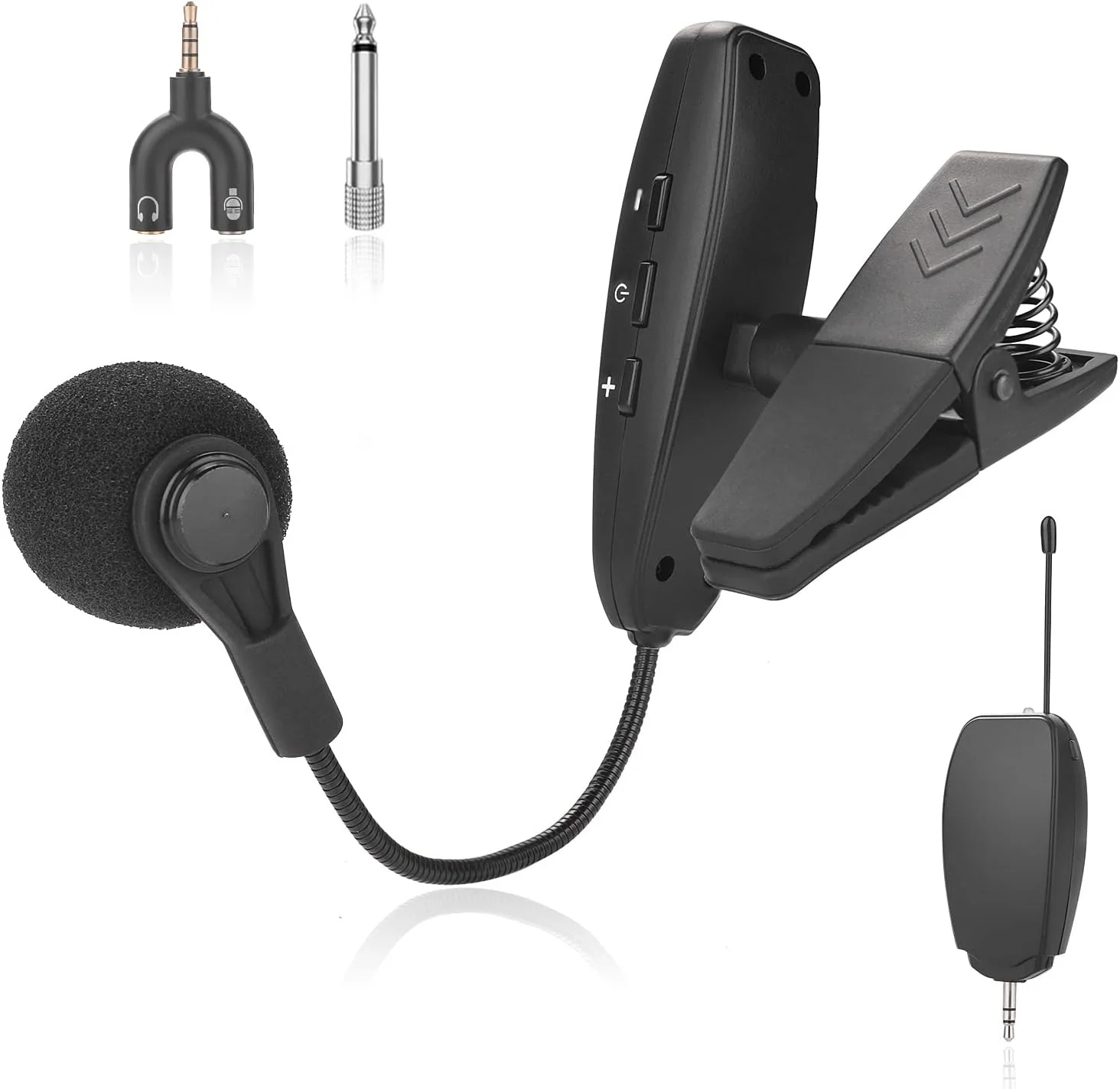 میکروفون ساز بی سیم، میکروفون کندانسور گیره ای UHF، برای هورن، ترومپت، کلارینت، ساکسیفون، ویولن سل، کامپیوتر، تلفن، بلندگوها، تقویت کننده صدا، برد 40 متر، پورت 1/8 و 1/4 اینچ