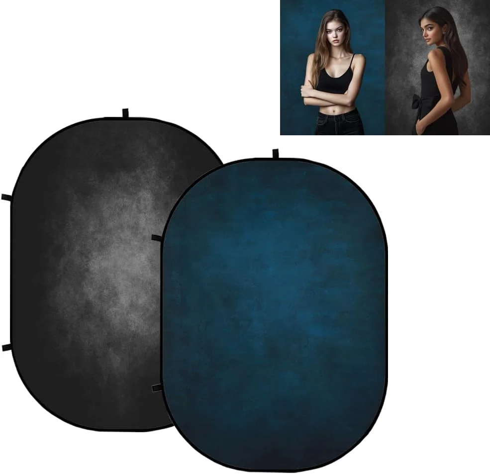 پس زمینه تاشو کیت، پس زمینه عکس پاپ آپ، پس زمینه های تاشو برای عکاسی، پس زمینه عکس تاشو دو طرفه، لوازم استودیوی عکس، 1.5x2 متر (مشکی/آبی تیره)