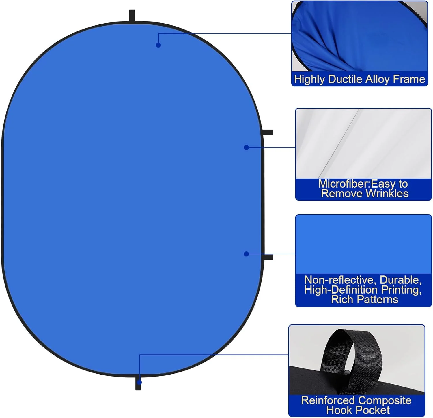 پس زمینه تاشو کیت برای تست های سلف تیپ، عکس های حرفه ای، کنفرانس ویدیویی و پخش زنده - پس زمینه عکاسی قابل حمل (1.5x2 متر، آبی/سفید)