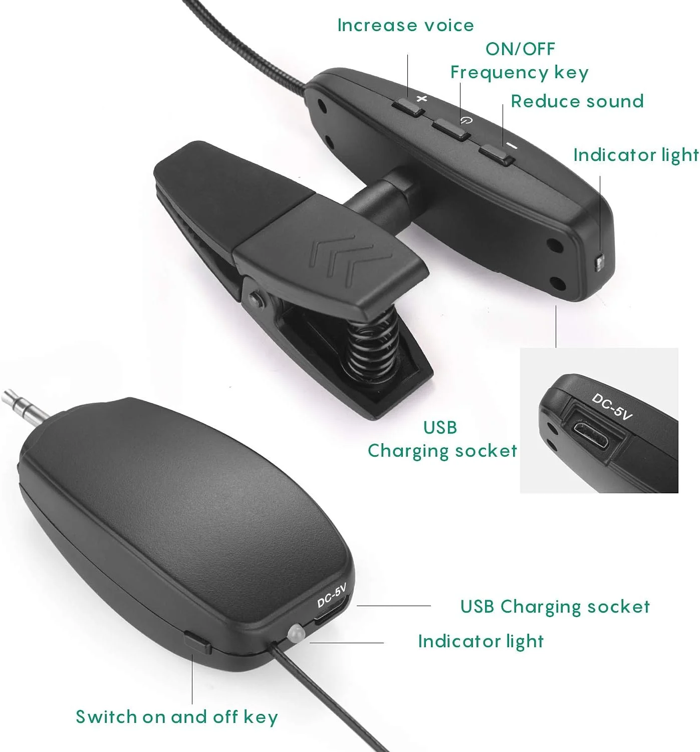 میکروفون ساز بی سیم، میکروفون کندانسور گیره ای UHF، برای هورن، ترومپت، کلارینت، ساکسیفون، ویولن سل، کامپیوتر، تلفن، بلندگوها، تقویت کننده صدا، برد 40 متر، پورت 1/8 و 1/4 اینچ