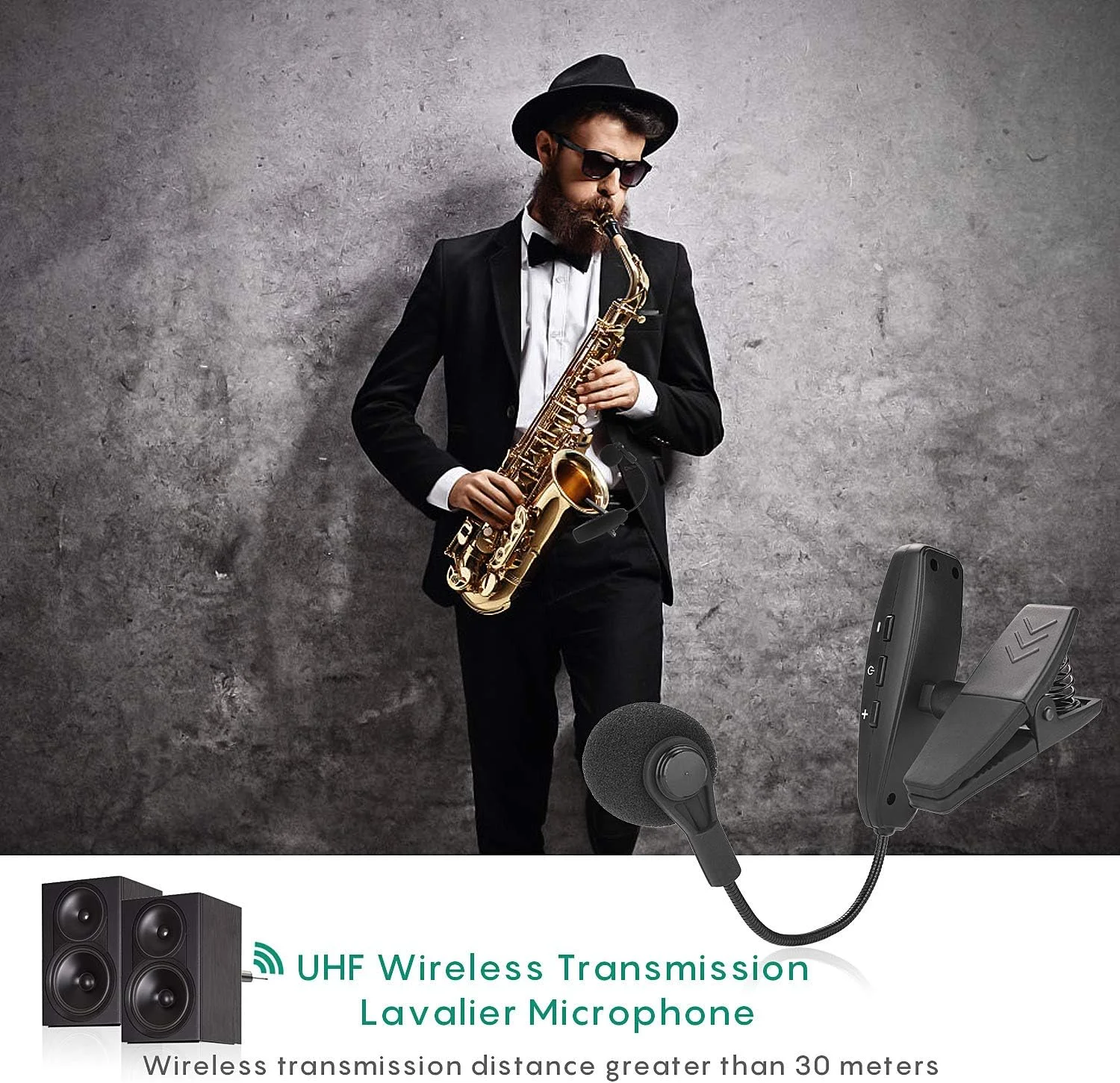 میکروفون ساز بی سیم، میکروفون کندانسور گیره ای UHF، برای هورن، ترومپت، کلارینت، ساکسیفون، ویولن سل، کامپیوتر، تلفن، بلندگوها، تقویت کننده صدا، برد 40 متر، پورت 1/8 و 1/4 اینچ