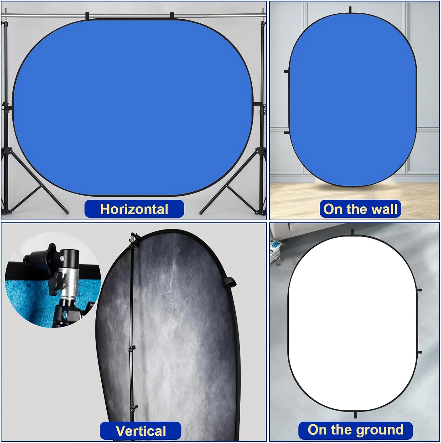 پس زمینه تاشو کیت برای تست های سلف تیپ، عکس های حرفه ای، کنفرانس ویدیویی و پخش زنده - پس زمینه عکاسی قابل حمل (1.5x2 متر، آبی/سفید)