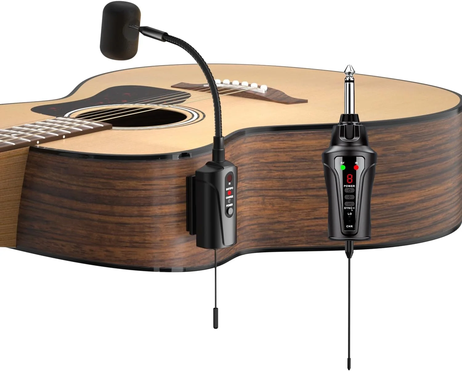 میکروفون بی‌سیم گیتار آکوستیک، میکروفون بی‌سیم گیره‌ای قابل حمل UHF برای سازهای موسیقی با فرستنده و گیرنده 6.35 میلی‌متری، برای نوازندگان، معلمان، اجراهای صحنه‌ای، گروه AT-5