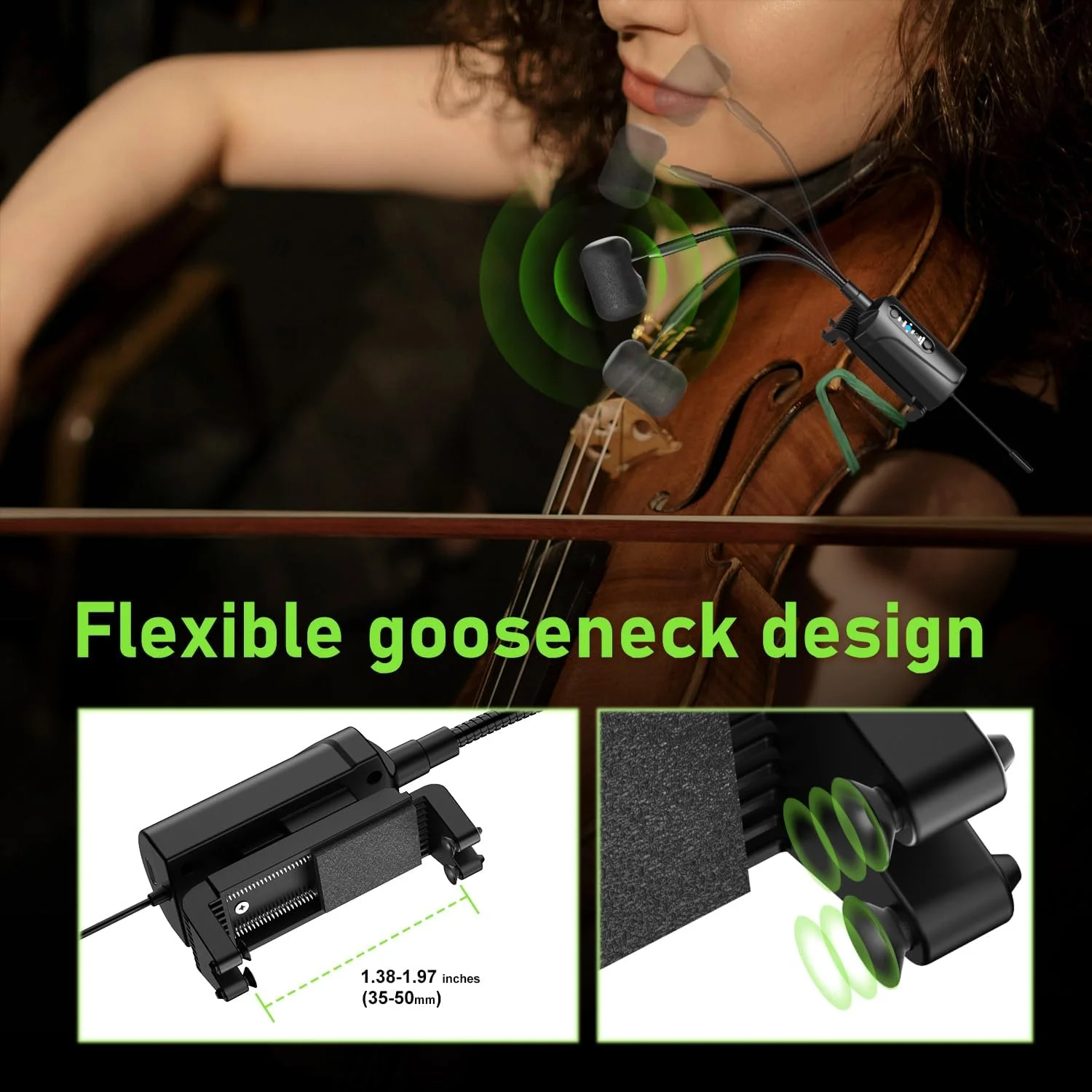 میکروفون بیسیم ویولن دوگانه UHF با گیره نصب و گردن غازی، 1 گیرنده و 2 سیستم فرستنده برای اجرای ساز ویولن روی صحنه، Q2/VT-5 میکروفون بیسیم ویولن دوگانه UHF با گیره نصب و گردن غازی، 1 گیرنده و 2 سیستم فرستنده برای اجرای ساز ویولن روی صحنه، Q2/VT-5