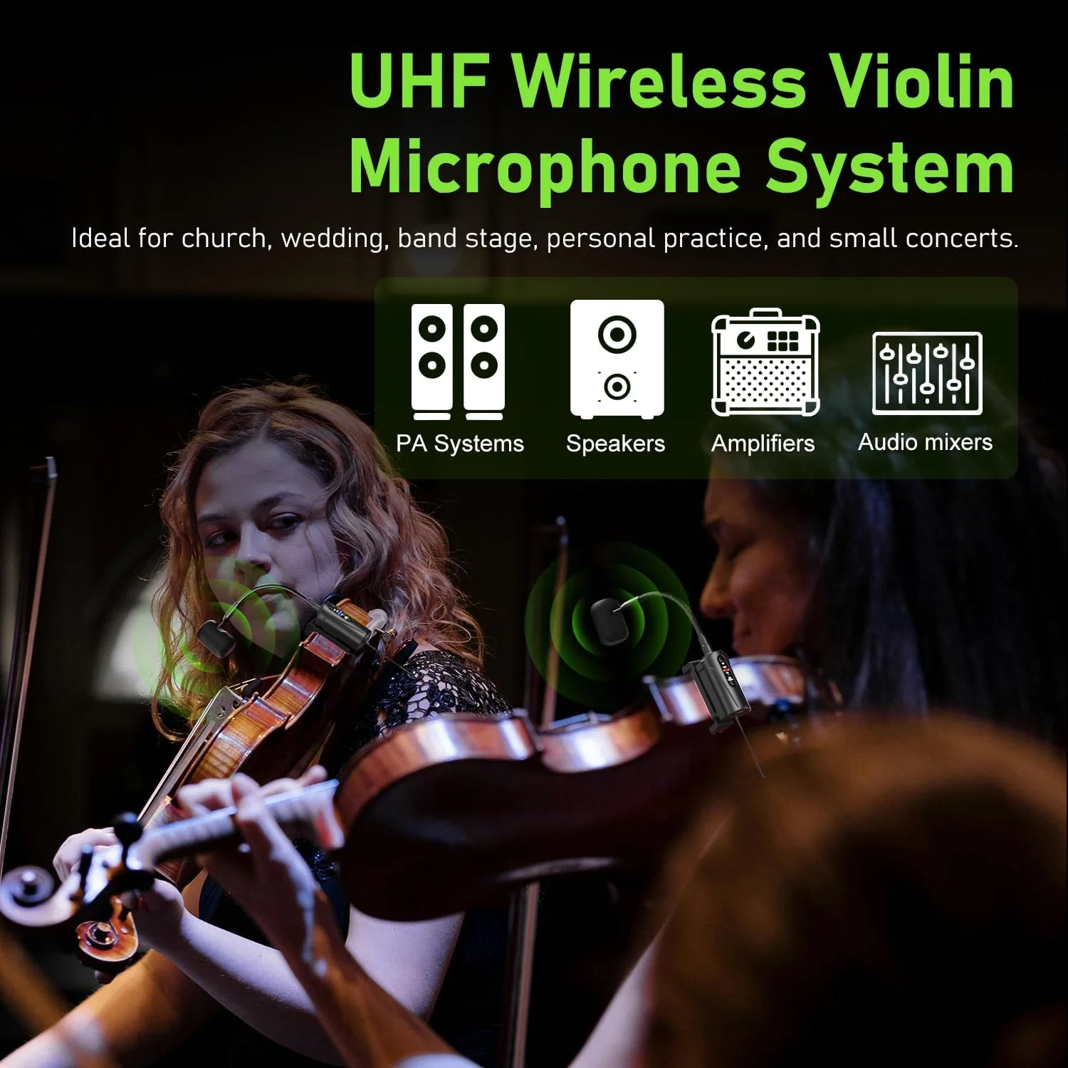 میکروفون بیسیم ویولن دوگانه UHF با گیره نصب و گردن غازی، 1 گیرنده و 2 سیستم فرستنده برای اجرای ساز ویولن روی صحنه، Q2/VT-5 میکروفون بیسیم ویولن دوگانه UHF با گیره نصب و گردن غازی، 1 گیرنده و 2 سیستم فرستنده برای اجرای ساز ویولن روی صحنه، Q2/VT-5