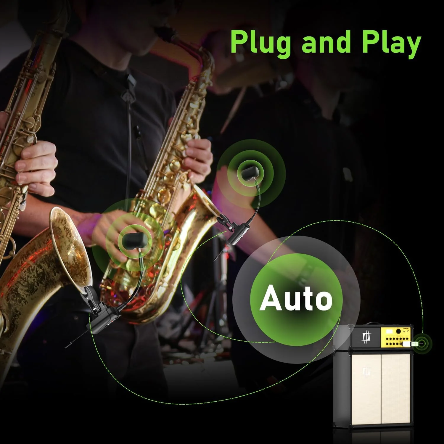 میکروفون بی‌سیم دوگانه UHF برای ساکسیفون، ساز ساکس، میکروفون کندانسور UHF گیره‌ای، 1 گیرنده و 2 سیستم فرستنده برای ساکسیفون، هورن فرانسوی، ترومپت، ترومبون، Q2/ST-5