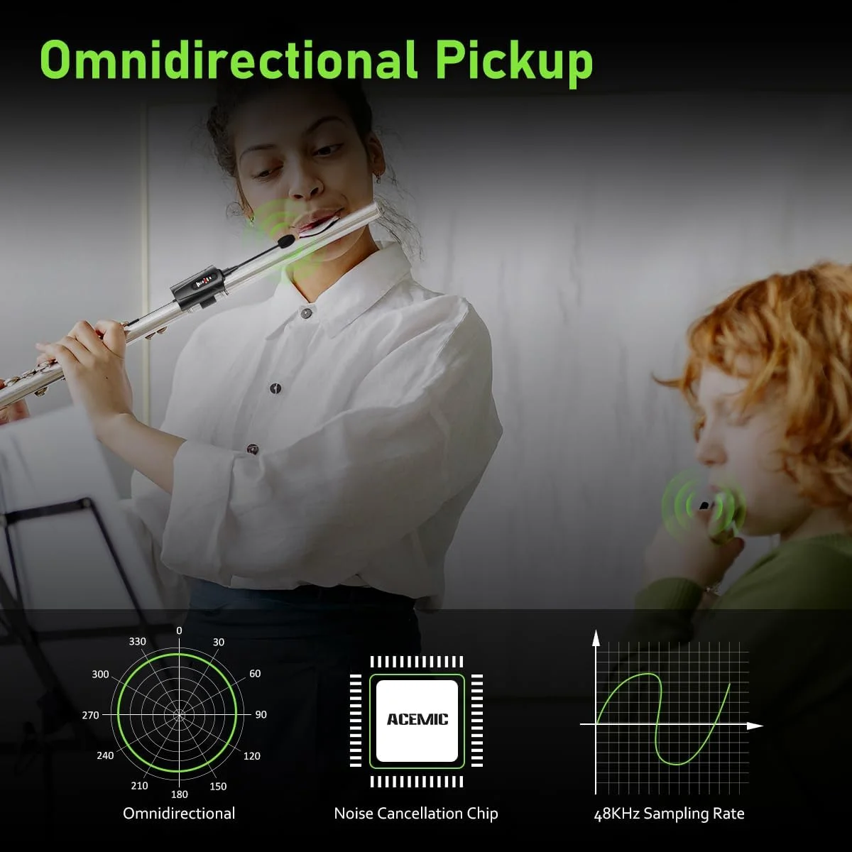 میکروفون بی‌سیم دوگانه UHF برای فلوت، میکروفون گیره‌ای بی‌سیم برای فلوت، 1 گیرنده و 2 سیستم فرستنده برای اجراهای زنده، سیستم‌های PA، میکسر صدا و بلندگوها Q2/DT-5