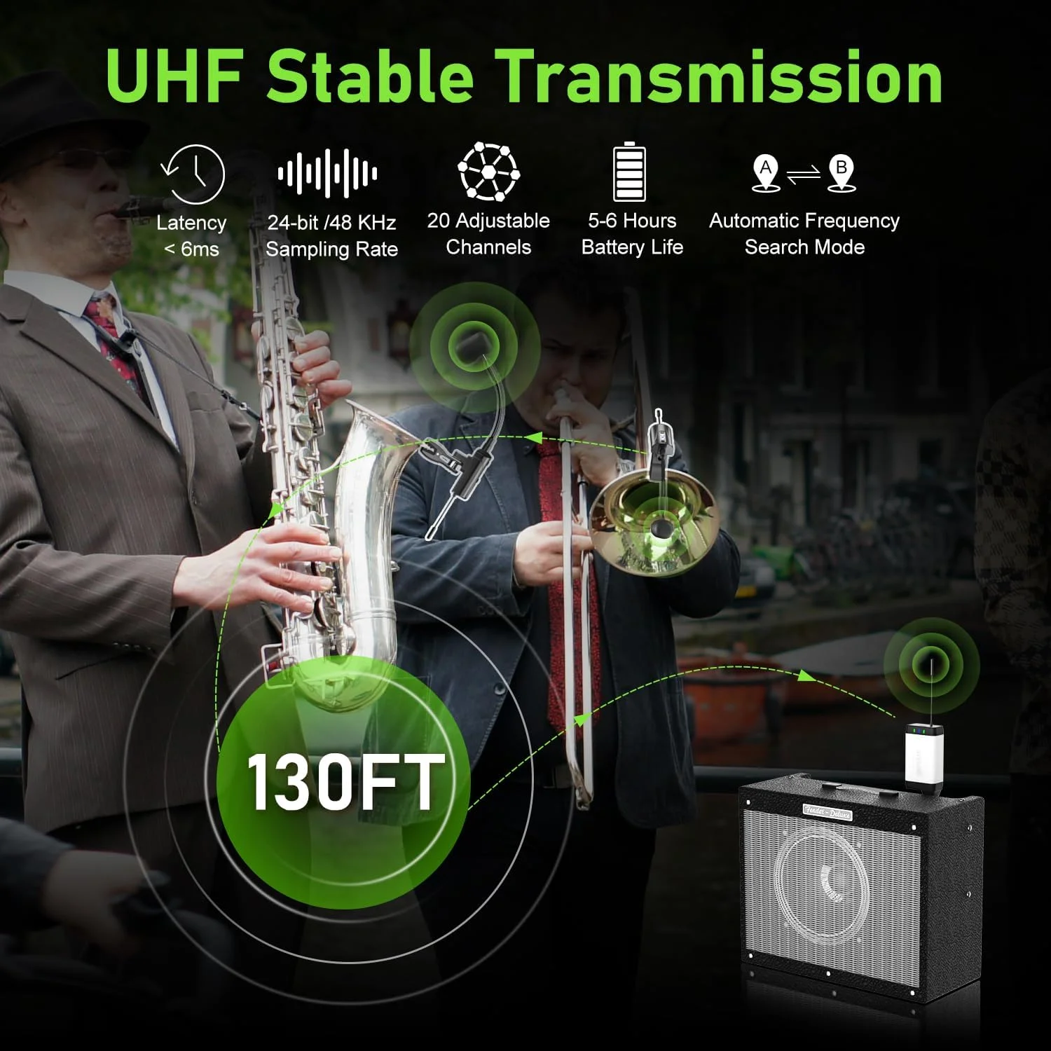 میکروفون بی‌سیم دوگانه UHF برای ساکسیفون، ساز ساکس، میکروفون کندانسور UHF گیره‌ای، 1 گیرنده و 2 سیستم فرستنده برای ساکسیفون، هورن فرانسوی، ترومپت، ترومبون، Q2/ST-5