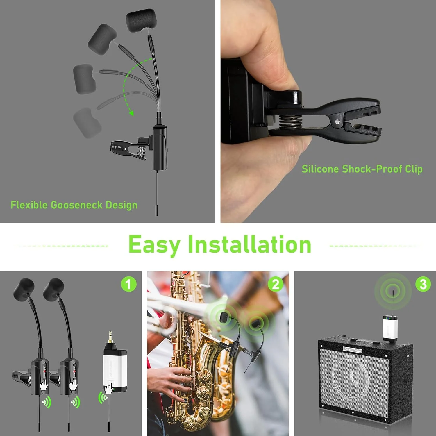 میکروفون بی‌سیم دوگانه UHF برای ساکسیفون، ساز ساکس، میکروفون کندانسور UHF گیره‌ای، 1 گیرنده و 2 سیستم فرستنده برای ساکسیفون، هورن فرانسوی، ترومپت، ترومبون، Q2/ST-5