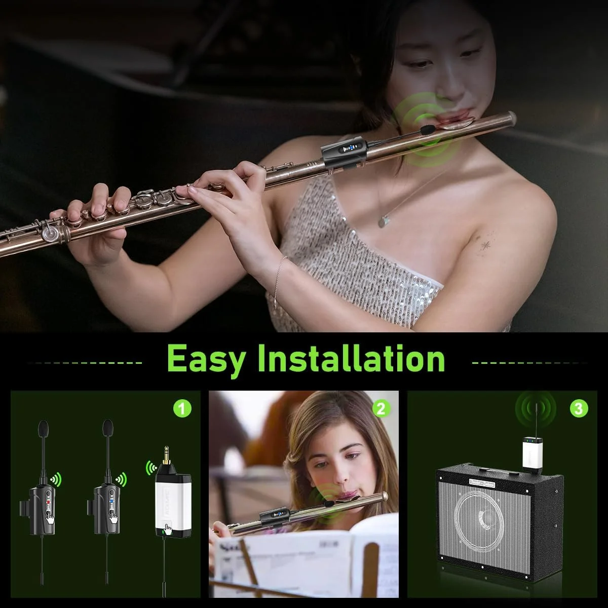 میکروفون بی‌سیم دوگانه UHF برای فلوت، میکروفون گیره‌ای بی‌سیم برای فلوت، 1 گیرنده و 2 سیستم فرستنده برای اجراهای زنده، سیستم‌های PA، میکسر صدا و بلندگوها Q2/DT-5