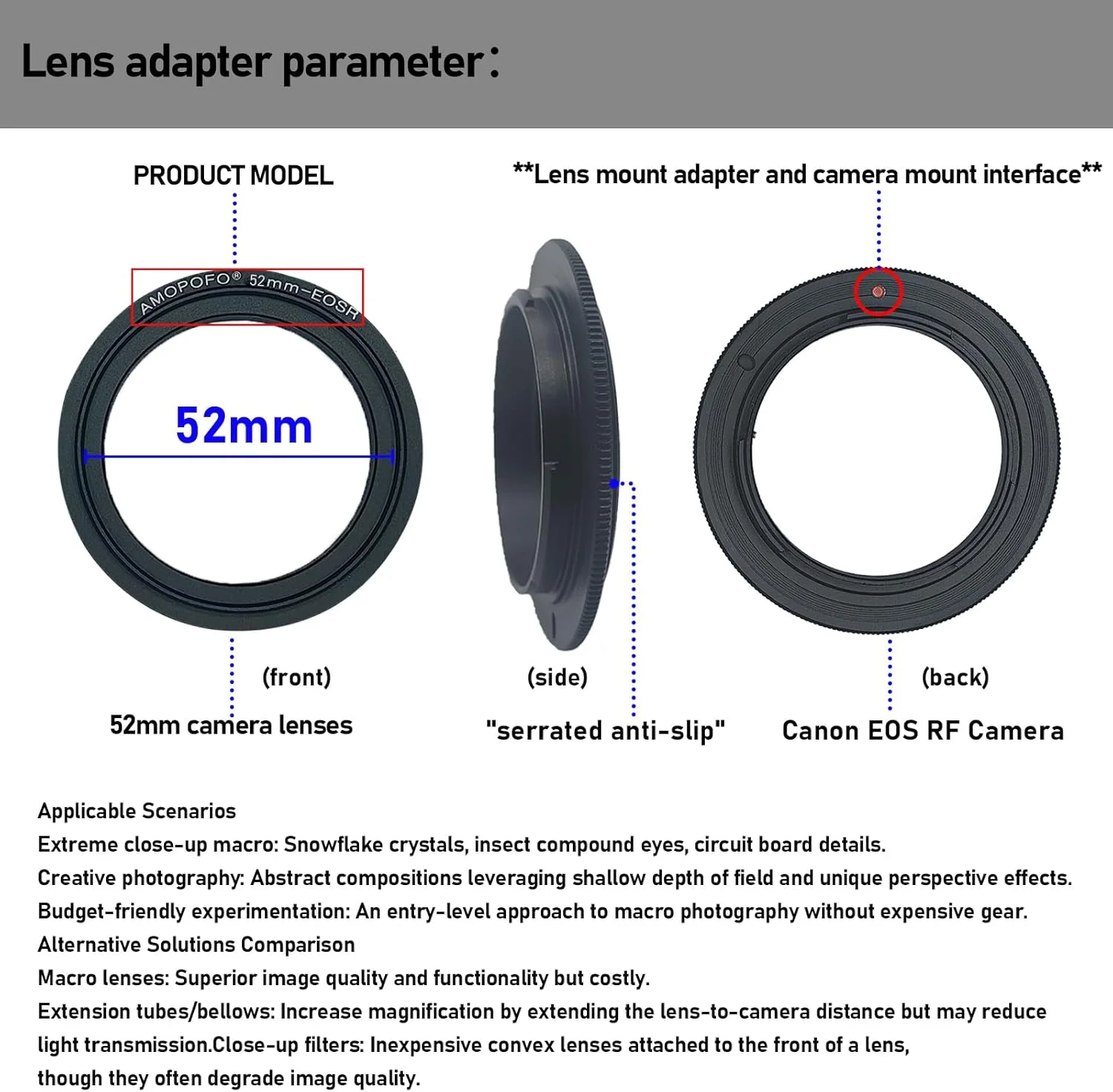 حلقه معکوس لنز ماکرو 52 میلی‌متری به EOS R سازگار با دوربین‌های فول فریم Canon EF R، با رزوه فیلتر 52 میلی‌متری لنزهای EF100mm f/2.8 و EF135mm f/2.8. مناسب برای عکاسی ماکرو (52mm-EOS R)