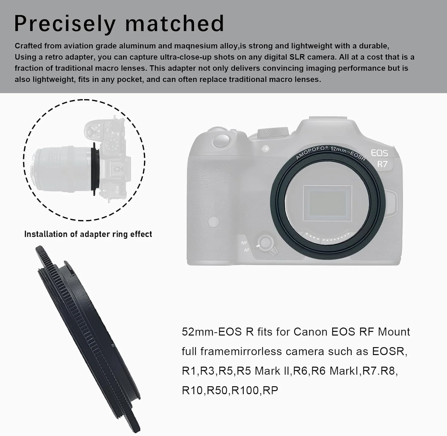 حلقه معکوس لنز ماکرو 52 میلی‌متری به EOS R سازگار با دوربین‌های فول فریم Canon EF R، با رزوه فیلتر 52 میلی‌متری لنزهای EF100mm f/2.8 و EF135mm f/2.8. مناسب برای عکاسی ماکرو (52mm-EOS R)