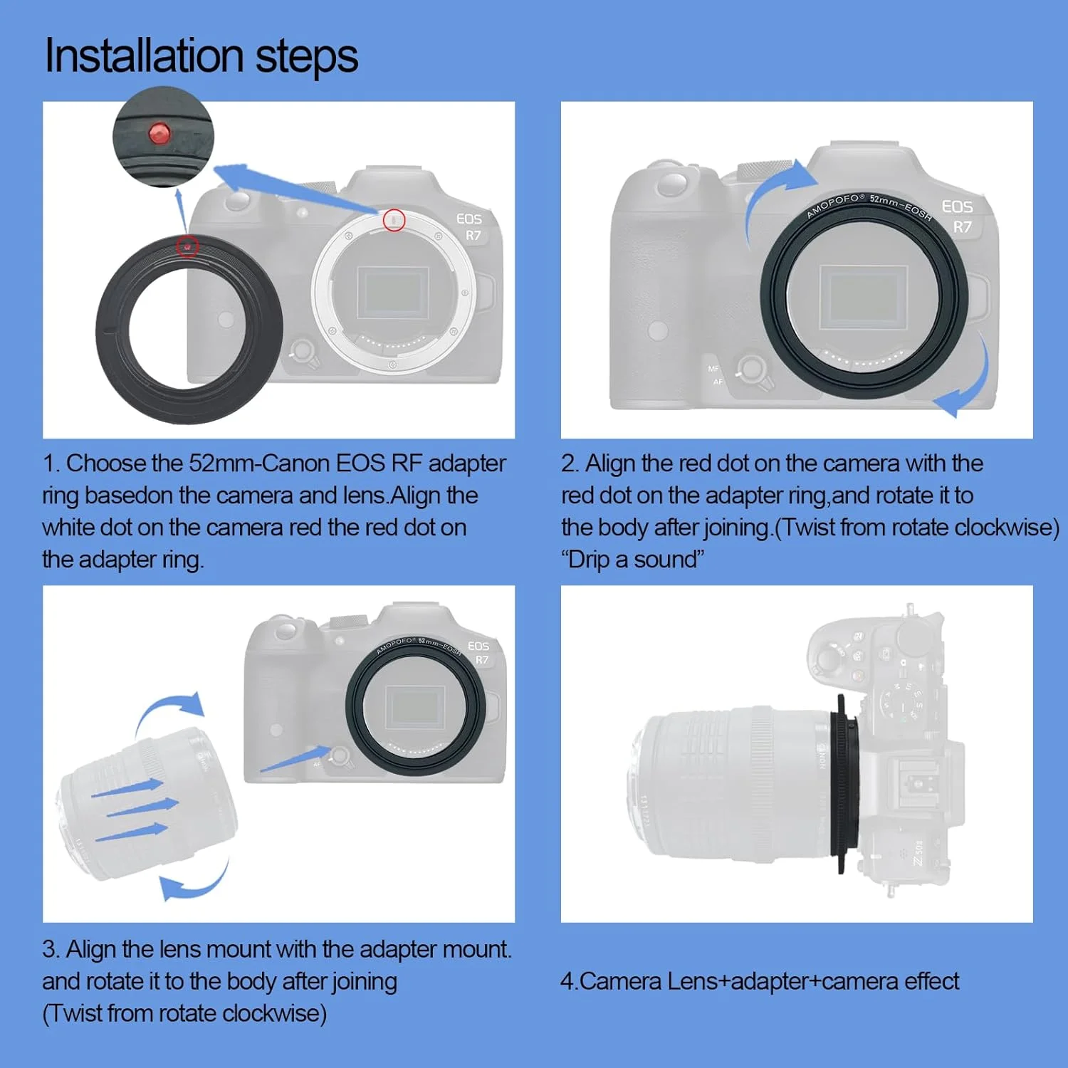 حلقه معکوس لنز ماکرو 52 میلی‌متری به EOS R سازگار با دوربین‌های فول فریم Canon EF R، با رزوه فیلتر 52 میلی‌متری لنزهای EF100mm f/2.8 و EF135mm f/2.8. مناسب برای عکاسی ماکرو (52mm-EOS R)