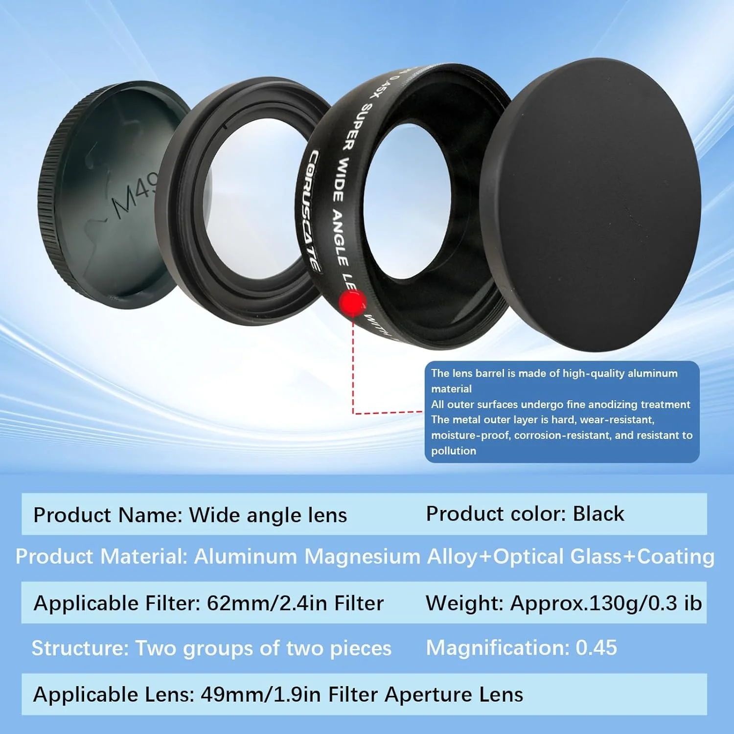 لنز واید 49 میلی‌متری با بزرگنمایی 0.45X، همراه با قابلیت عکاسی ماکرو، بزرگنمایی بهبود یافته، سازگار با تمامی لنزهای دوربین DSLR با قطر 49 میلی‌متر + پارچه تمیز کننده لنز * 1 عدد