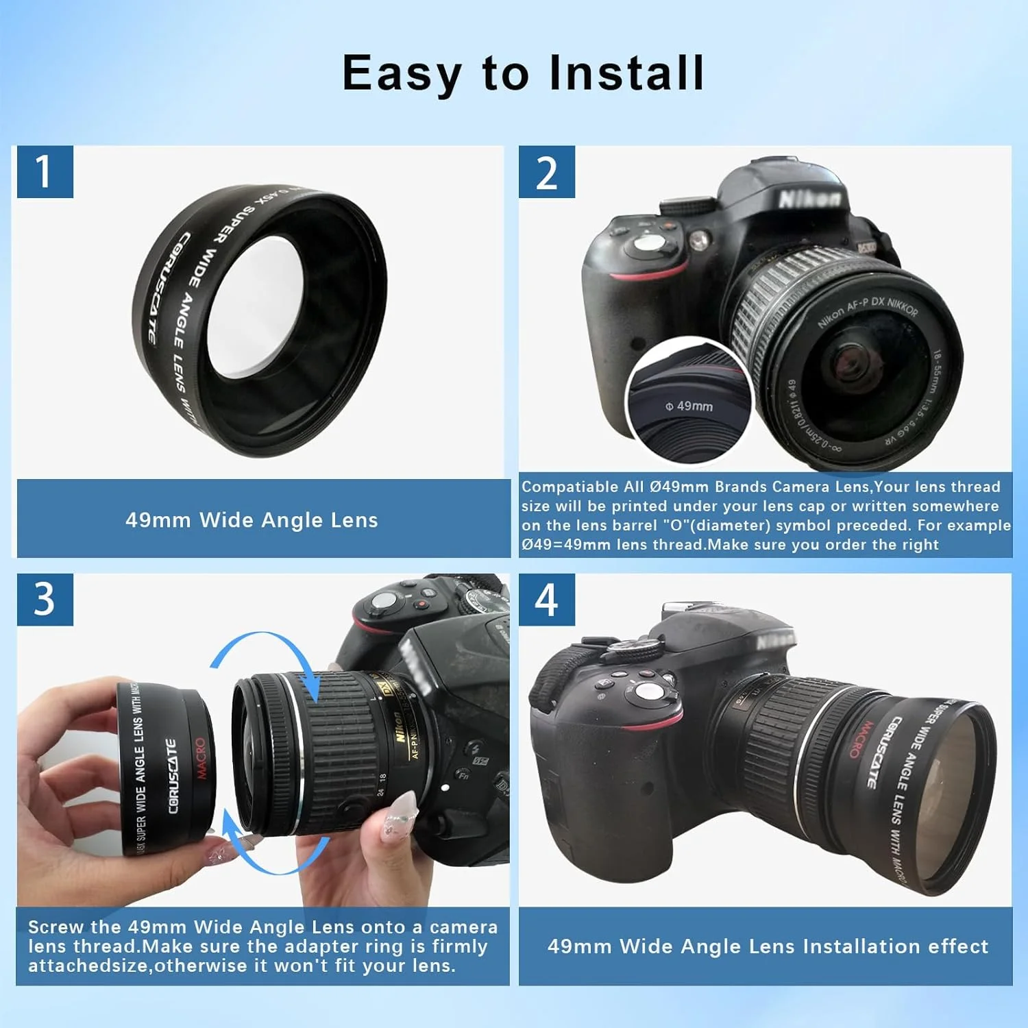 لنز واید 49 میلی‌متری با بزرگنمایی 0.45X، همراه با قابلیت عکاسی ماکرو، بزرگنمایی بهبود یافته، سازگار با تمامی لنزهای دوربین DSLR با قطر 49 میلی‌متر + پارچه تمیز کننده لنز * 1 عدد