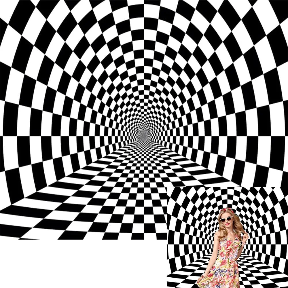 پس زمینه شطرنجی سیاه و سفید برای عکاسی، الگوی هندسی سه بعدی، پس زمینه تونل بی پایان انتزاعی، دکوراسیون جشن تولد با تم مسابقه، لوازم استودیوی عکس 300x250 سانتی متر