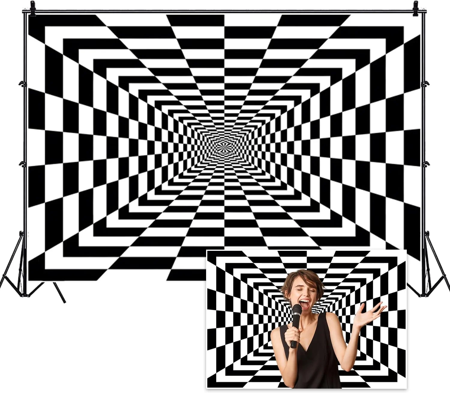 پس زمینه شطرنجی سیاه و سفید طرح هندسی سه بعدی تونل بی پایان انتزاعی 3x2.5 متری برای تزئینات جشن تولد با تم، عکسبرداری پرتره کودکان و بزرگسالان