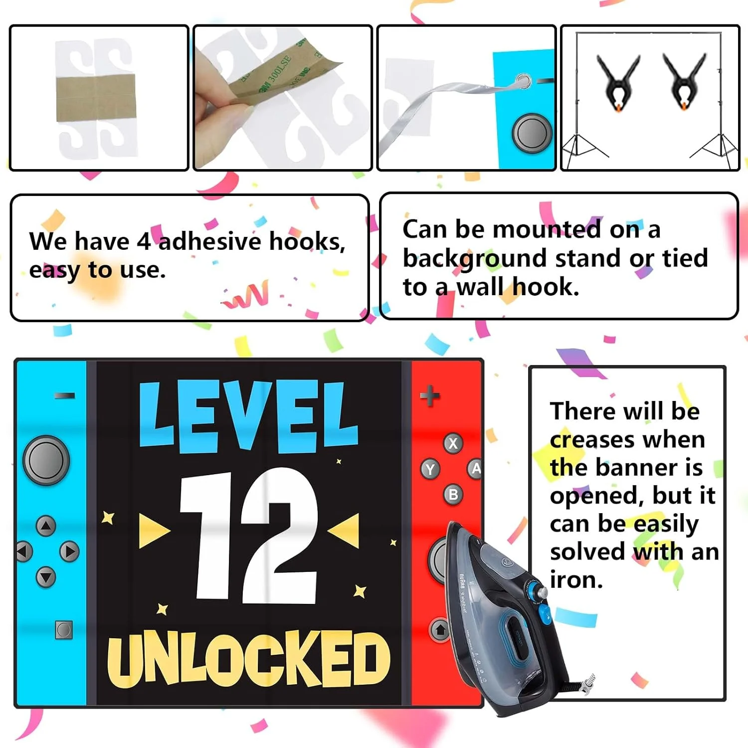 بنر پس زمینه تم تولد دوازده سالگی با طرح بازی ویدیویی، مناسب برای دکور جشن تولد پسران و دختران، مهمانی و جشن