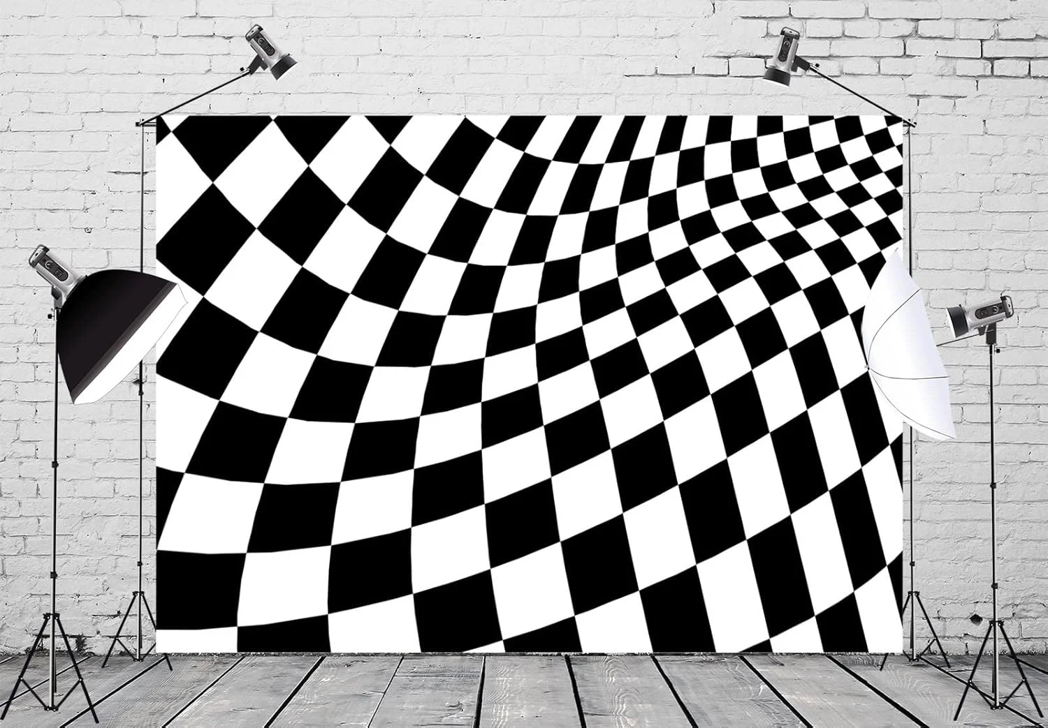 پس زمینه پارچه ای طرح شطرنجی سیاه و سفید BELECO، 213x152 سانتی متر، بافت صفحه شطرنجی، زمینه موج دار، لوازم مهمانی با تم مسابقه، تزئینات تولد، لوازم استودیوی عکس