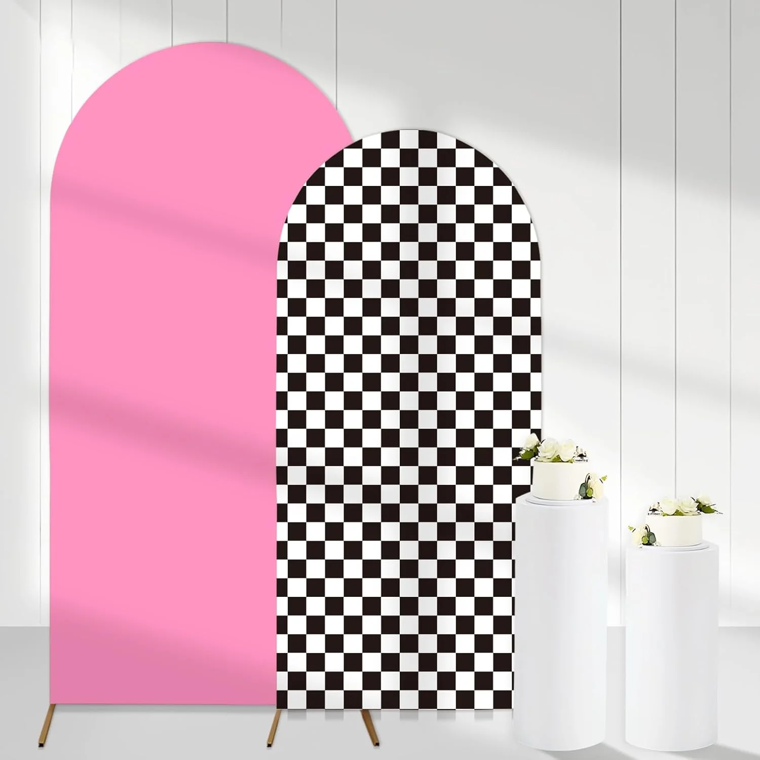 مجموعه 2 عددی روکش پس زمینه طاقدار با تم مشکی صورتی، روکش پایه پس زمینه طاقدار کشسان شطرنجی مشکی، روکش پایه طاق عکاسی برای دکوراسیون جشن تولد و مسابقه اتومبیلرانی