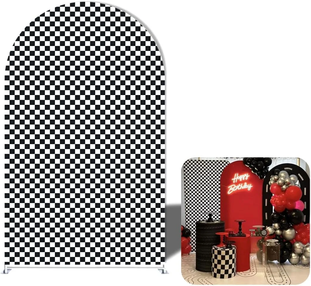 کاور پس زمینه طاق تم مسابقه ای AOSTO، 90x180 سانتی متر، پارچه الاستیک دو طرفه طرح شطرنجی سیاه و سفید مدل GX-419