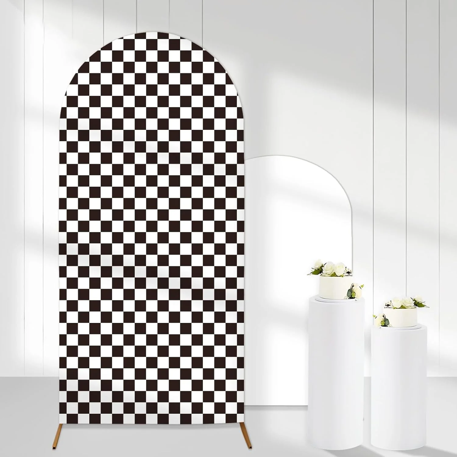 روکش پس زمینه طاقدار شطرنجی سیاه و سفید، روکش های کشسان طاقدار 6 فوتی بوهمی برای پایه پس زمینه عکاسی، روکش پایه طاقدار طرح دار سیاه برای دکوراسیون جشن عروسی، تولد، جشن نوزاد