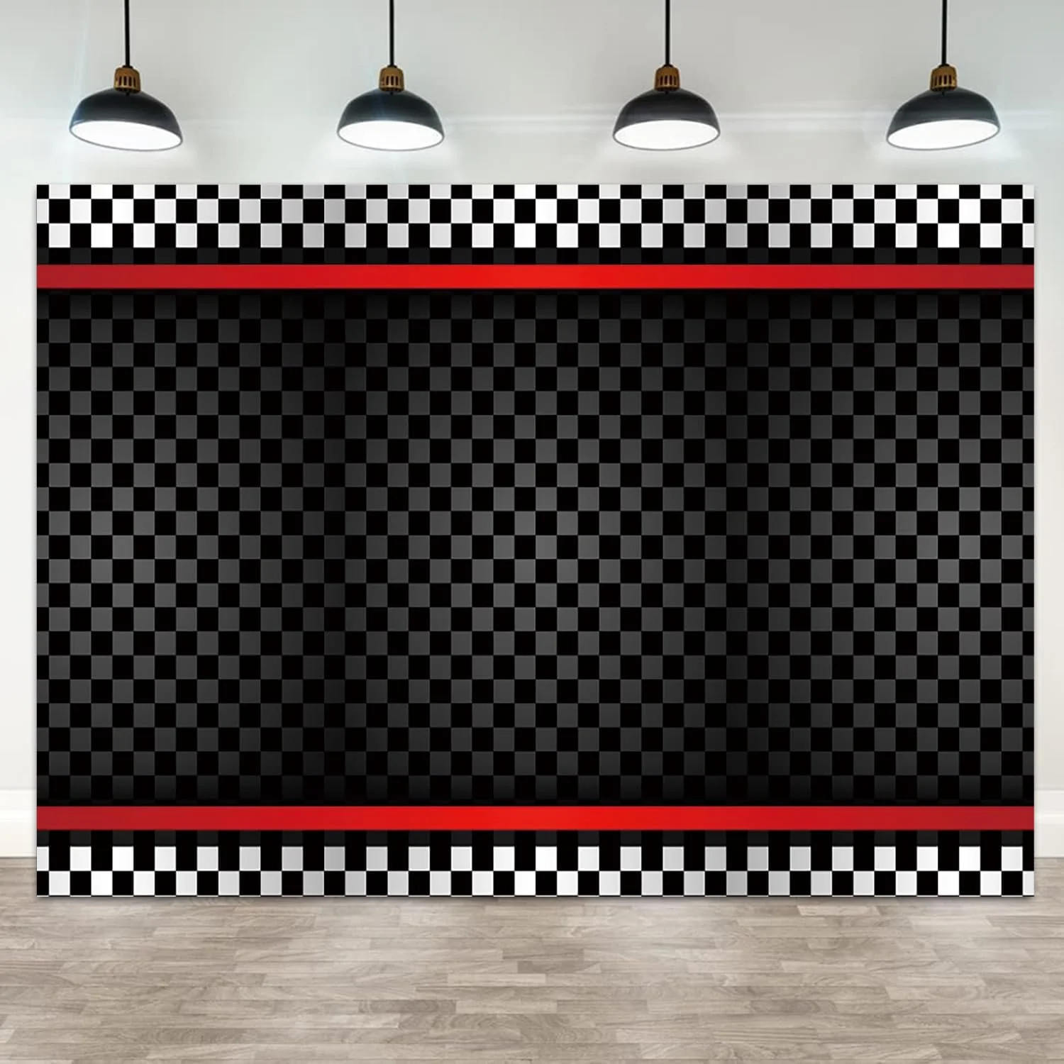 پس زمینه مسابقه اتومبیلرانی به ابعاد 7x5 فوت برای عکاسی، خط پایان شطرنجی سیاه و سفید، دکوراسیون جشن تولد ماشین مسابقه، پس زمینه غرفه عکس جشن نوزاد