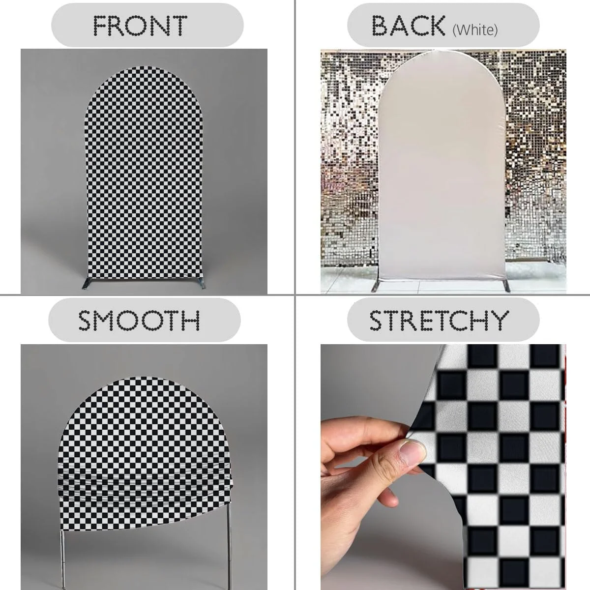 کاور پس زمینه طاق تم مسابقه ای AOSTO، 90x180 سانتی متر، پارچه الاستیک دو طرفه طرح شطرنجی سیاه و سفید مدل GX-419