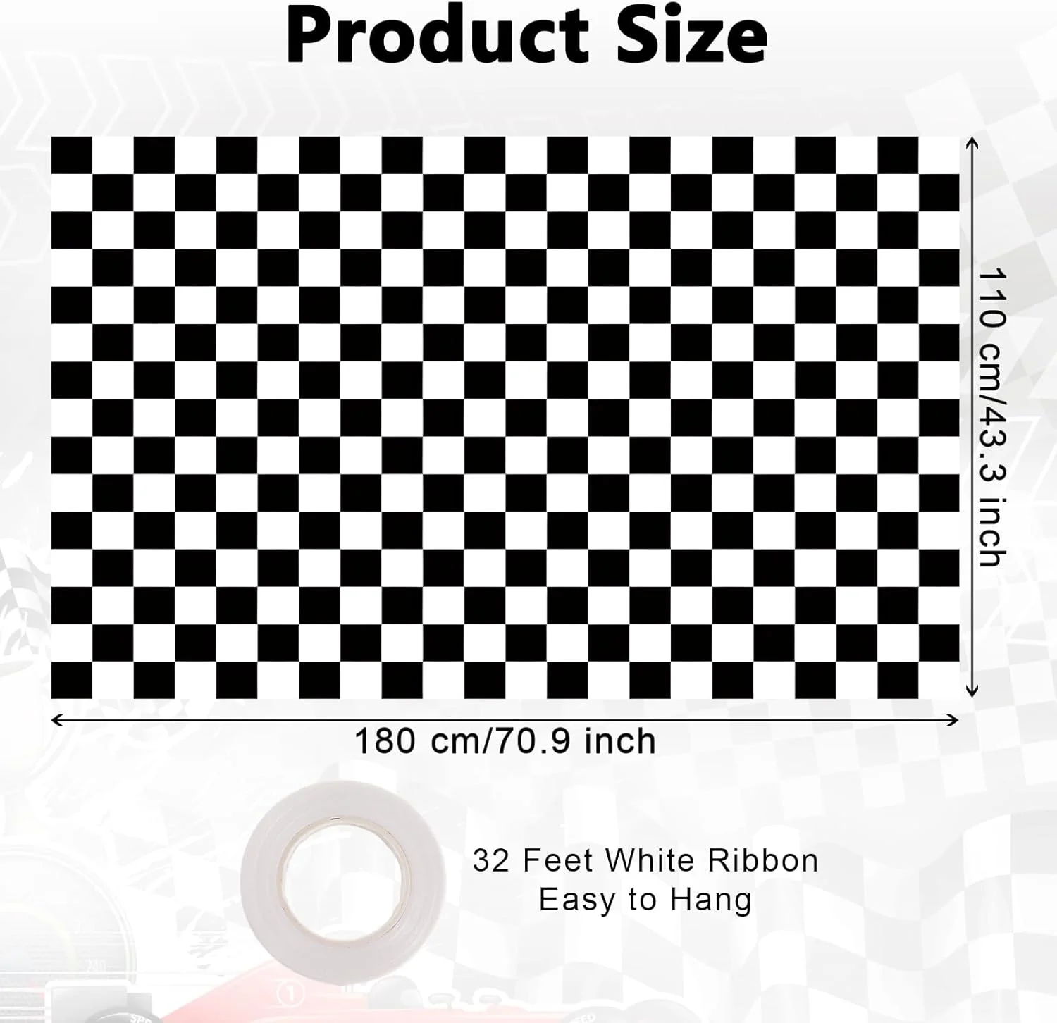 پس زمینه شطرنجی سیاه و سفید، پس زمینه مسابقه ای، پس زمینه های عکاسی با تم صفحه شطرنج برای جشن تولد کودکان، جشن نوزادی، لوازم جشن با تم ماشین مسابقه (180 * 110 سانتی متر)