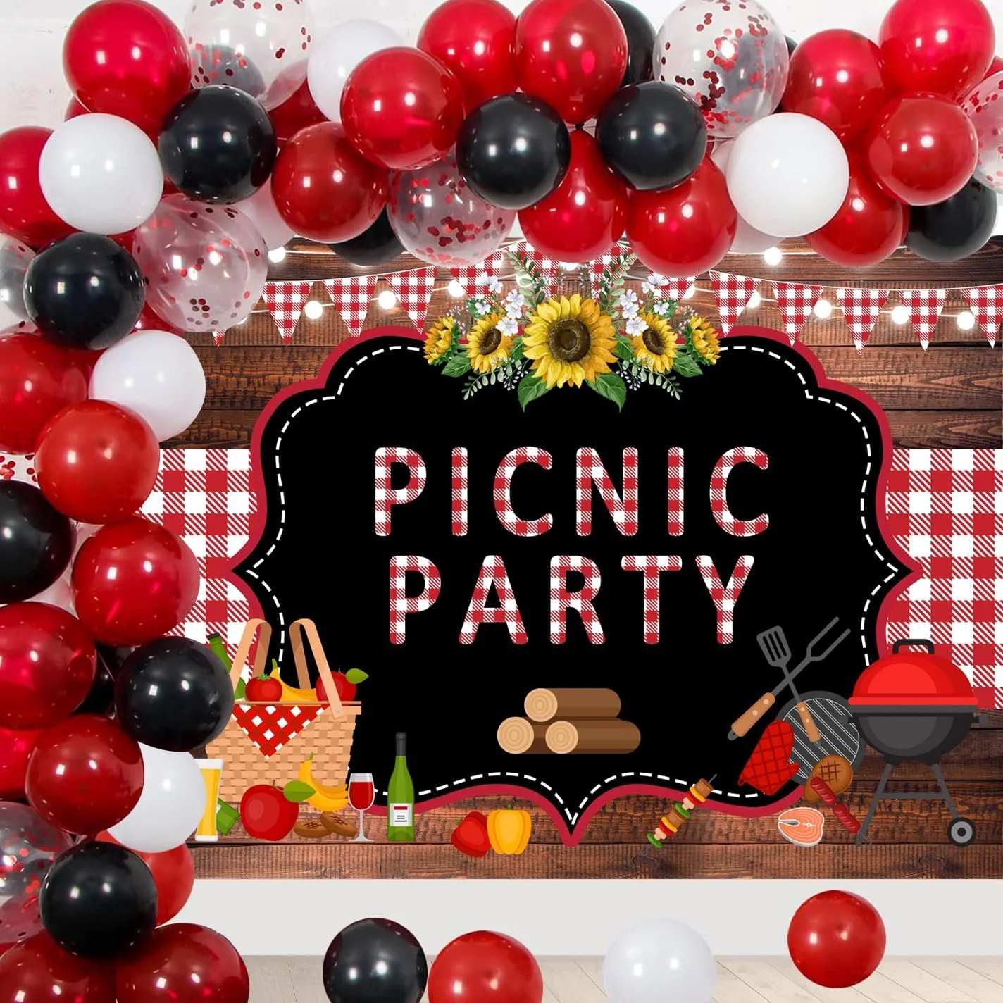 پس زمینه مهمانی پیک نیک Withu، حصیر چوبی قرمز و سفید شطرنجی، چراغ های رشته ای، پس زمینه عکاسی BBQ، دکوراسیون آفتابگردان، بنر تزئینات باربیکیو در فضای باز، لوازم غرفه عکس 7x5 فوت