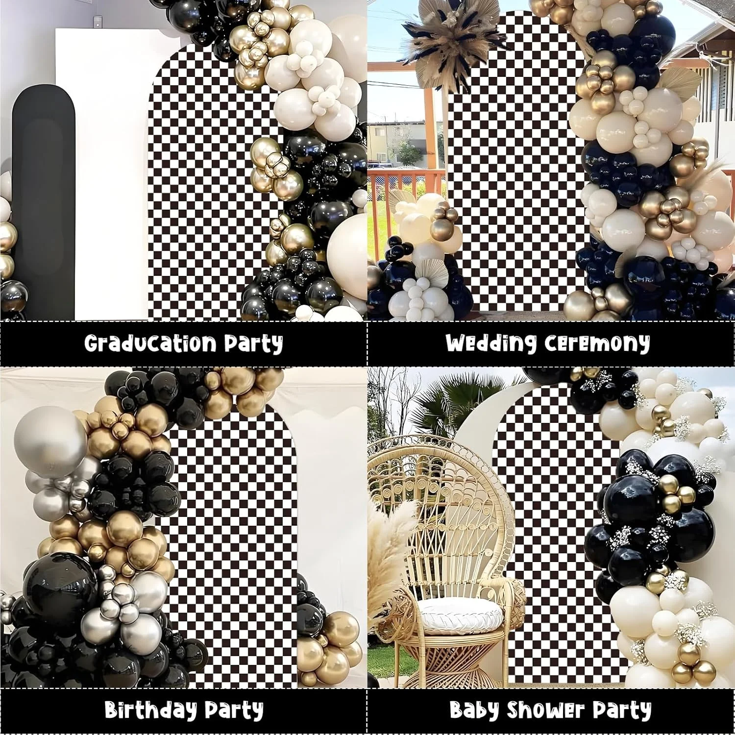 روکش پس زمینه طاقدار شطرنجی سیاه و سفید، روکش های کشسان طاقدار 6 فوتی بوهمی برای پایه پس زمینه عکاسی، روکش پایه طاقدار طرح دار سیاه برای دکوراسیون جشن عروسی، تولد، جشن نوزاد