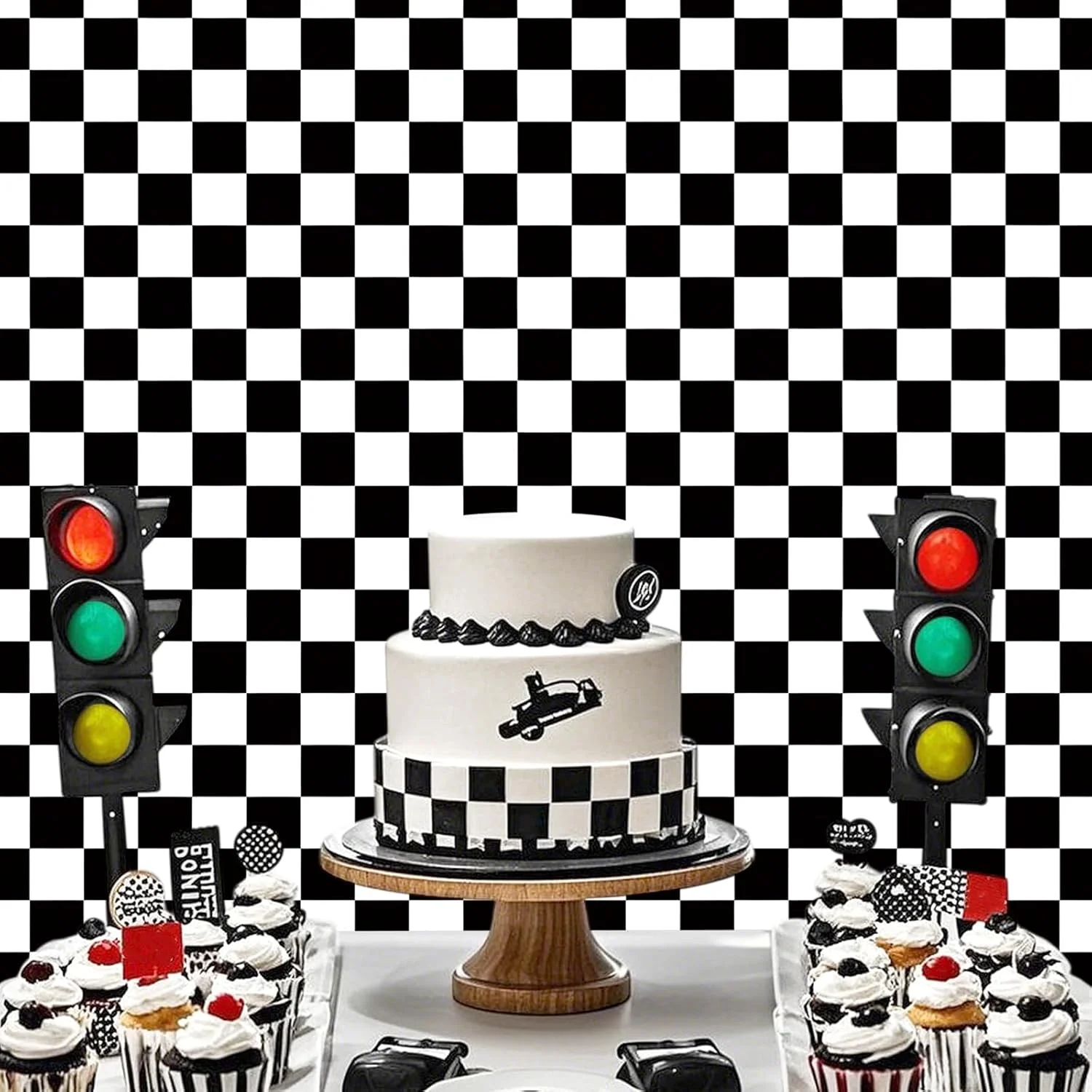 پس زمینه شطرنجی سیاه و سفید، پس زمینه مسابقه ای، پس زمینه های عکاسی با تم صفحه شطرنج برای جشن تولد کودکان، جشن نوزادی، لوازم جشن با تم ماشین مسابقه (180 * 110 سانتی متر)