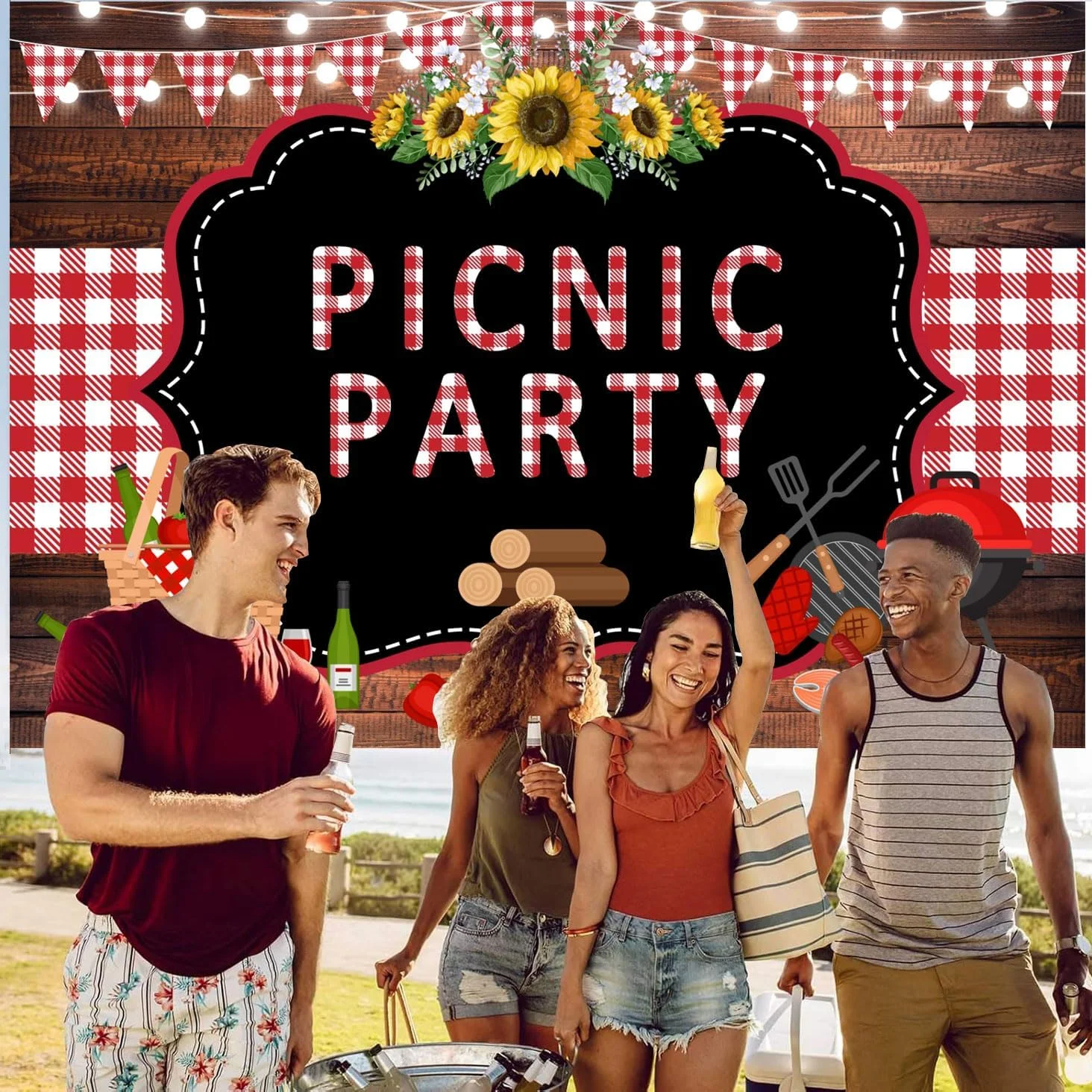 پس زمینه مهمانی پیک نیک Withu، حصیر شطرنجی قرمز سفید چوبی، ریسه چراغ، پس زمینه عکاسی باربیکیو، دکوراسیون آفتابگردان، بنر تزئینات باربیکیو در فضای باز، لوازم غرفه عکس 5x3 فوت