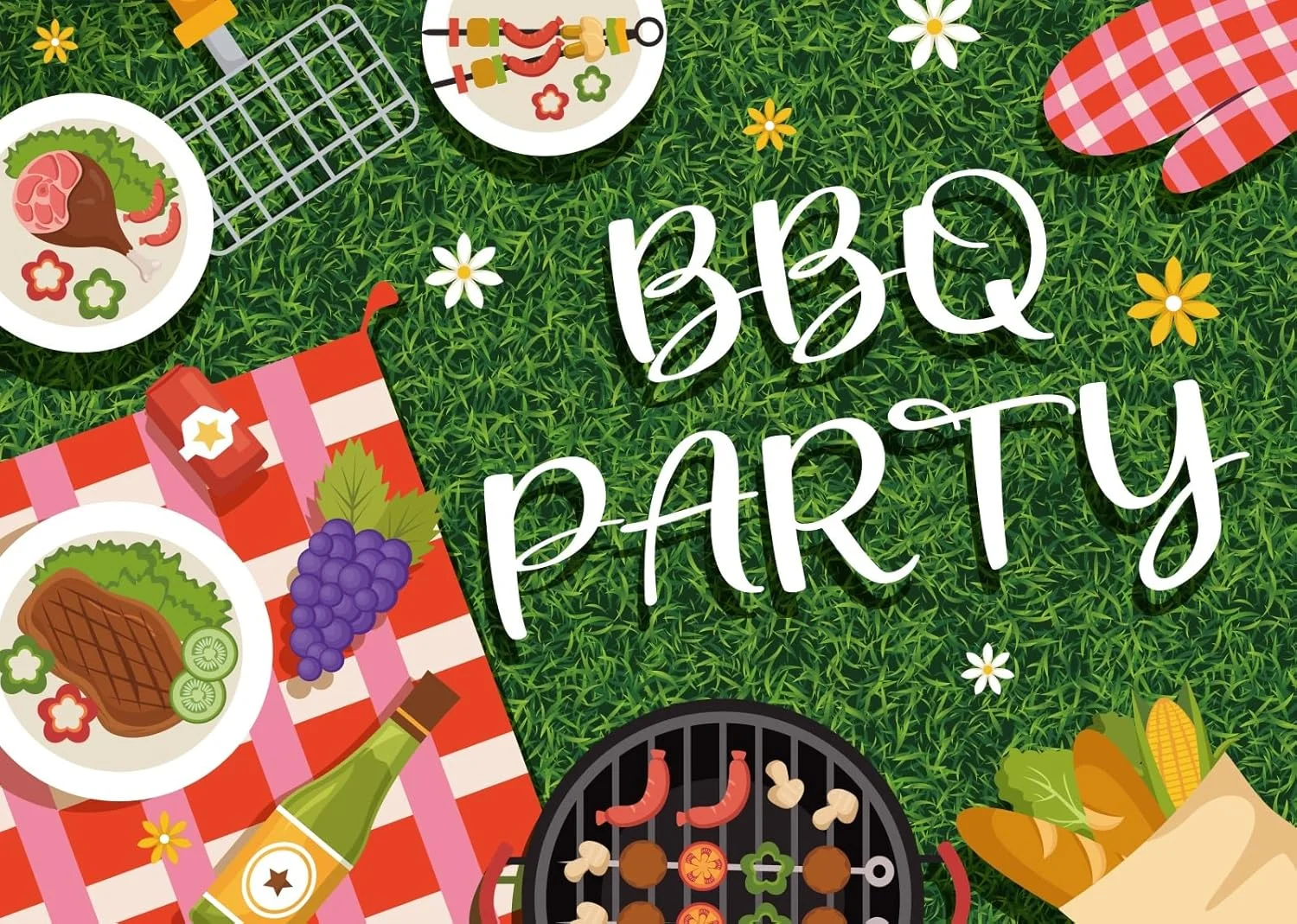 پس زمینه پارچه ای 213x152 سانتی متری بلکو برای مهمانی باربیکیو، چمن سبز، طرح شطرنجی قرمز و سفید، پس زمینه پیک نیک، مهمانی باربیکیو خانوادگی تابستانی، تولد، میز کیک، دکوراسیون، عکاسی استودیویی