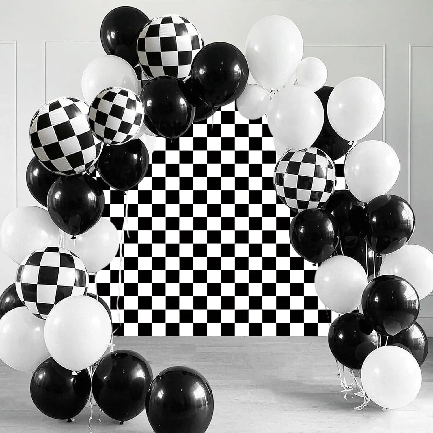 پس زمینه شطرنجی سیاه و سفید، پس زمینه مسابقه ای، پس زمینه های عکاسی با تم صفحه شطرنج برای جشن تولد کودکان، جشن نوزادی، لوازم جشن با تم ماشین مسابقه (180 * 110 سانتی متر)