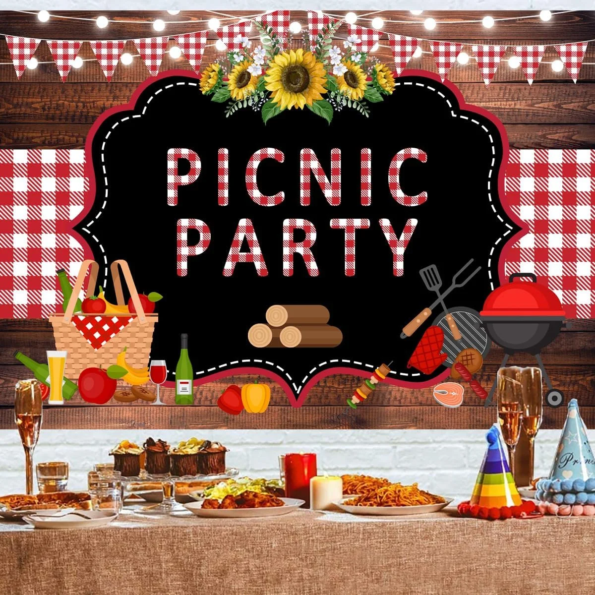 پس زمینه مهمانی پیک نیک Withu، حصیر چوبی قرمز و سفید شطرنجی، چراغ های رشته ای، پس زمینه عکاسی BBQ، دکوراسیون آفتابگردان، بنر تزئینات باربیکیو در فضای باز، لوازم غرفه عکس 7x5 فوت