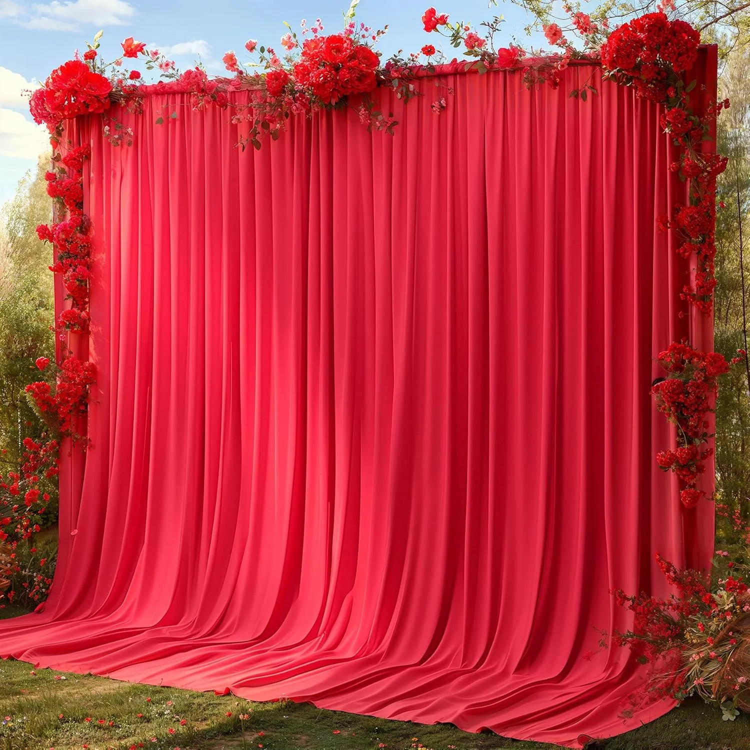 پنل های پرده پس زمینه قرمز 3x3 متری برای مهمانی ها - پرده پس زمینه عکس پلی استر بدون چروک، پارچه های پرده ای پس زمینه عروسی برای تزئینات مهمانی، پس زمینه برای عکاسی