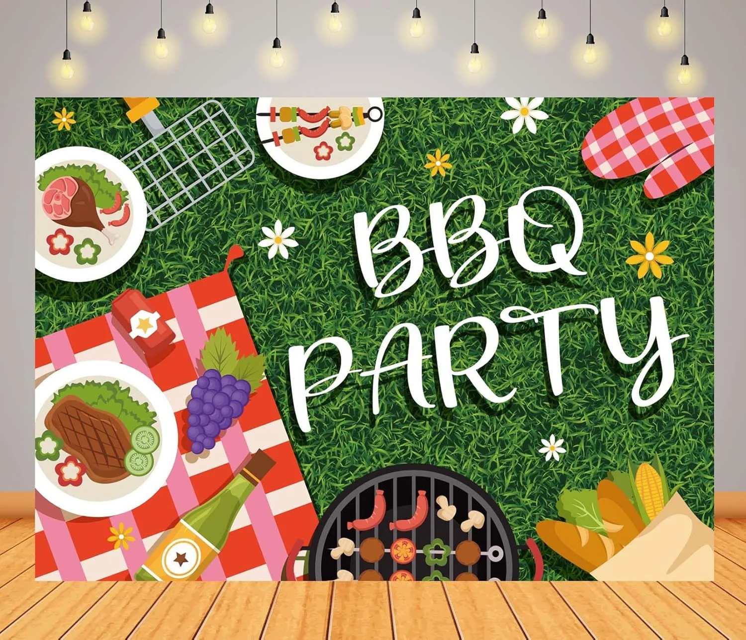 پس زمینه پارچه ای 213x152 سانتی متری بلکو برای مهمانی باربیکیو، چمن سبز، طرح شطرنجی قرمز و سفید، پس زمینه پیک نیک، مهمانی باربیکیو خانوادگی تابستانی، تولد، میز کیک، دکوراسیون، عکاسی استودیویی