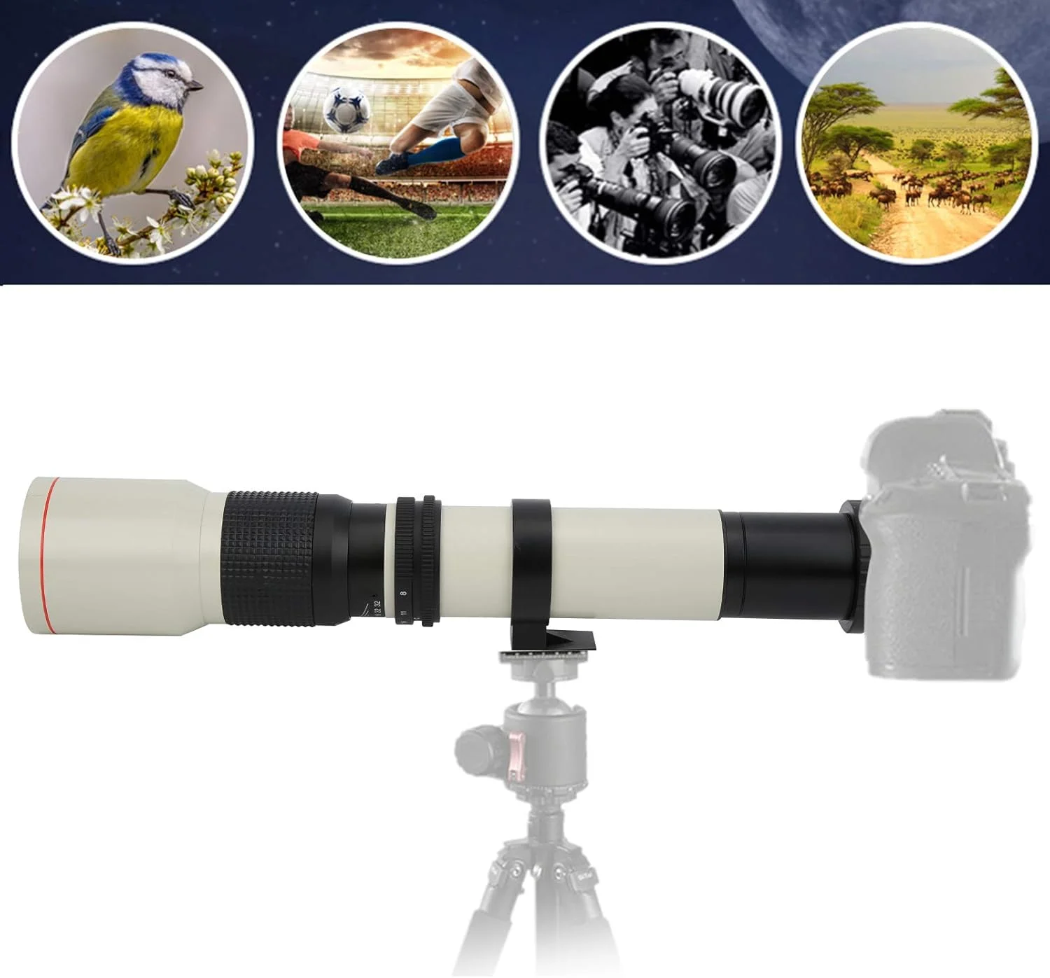 لنز تله فوتو 500 میلی‌متری، لنز با فوکوس ثابت چند منظوره با پوشش چند لایه MC، قابل حمل برای دوربین با مانت F (سفید)