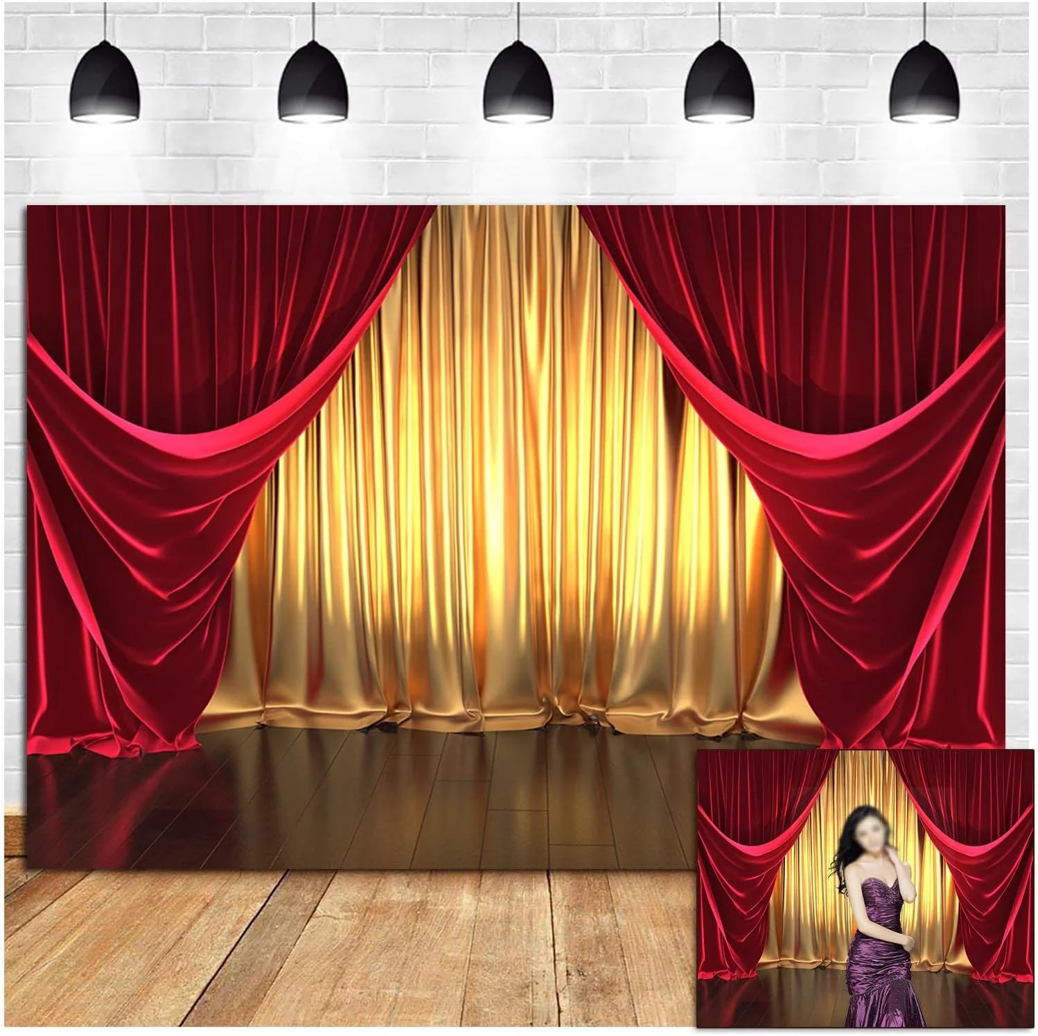 پرده های سه بعدی قرمز و طلایی Qian، پس زمینه عکاسی با تم صحنه تئاتر، دکور جشن تولد عروسی، پس زمینه عکس بنر 150x90 سانتی متر، لوازم استودیویی عکس