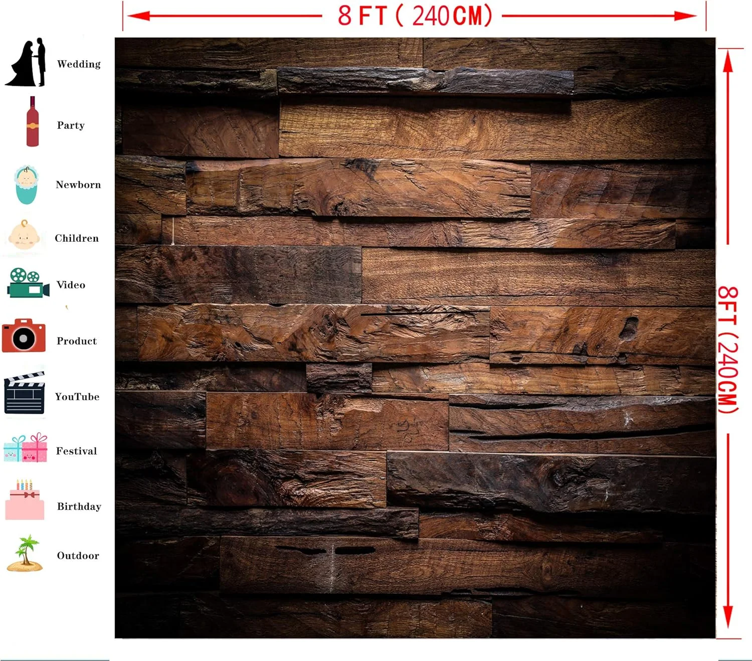 پس زمینه چوبی قهوه ای رترو CYLYH ابعاد 2.4x2.4 متر - مناسب برای جشن نوزاد و تزئینات مهمانی - پس زمینه های سه بعدی