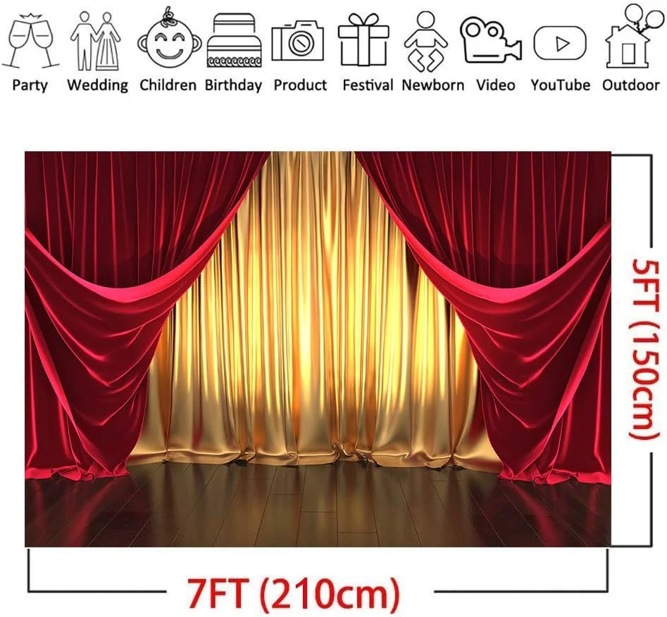 پس زمینه عکاسی صحنه تئاتر با پرده های طلایی و قرمز، مناسب برای استودیو عکس، دکوراسیون جشن تولد و عروسی، سایز 210x150 سانتی متر