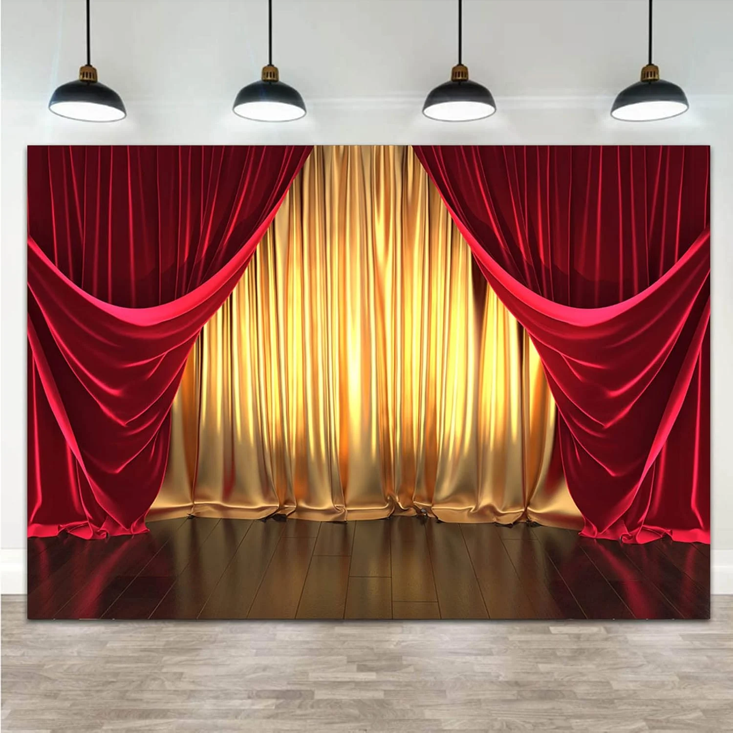 پرده های سه بعدی قرمز و طلایی Qian، پس زمینه عکاسی با تم صحنه تئاتر، دکور جشن تولد عروسی، پس زمینه عکس بنر 150x90 سانتی متر، لوازم استودیویی عکس