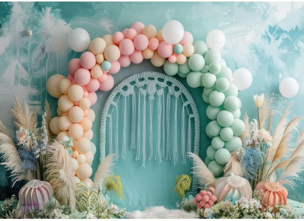 پس زمینه طاق بادکنک سه بعدی صورتی و سبز برای تولد، بادکنک های رنگارنگ، گل ها، تولد یک سالگی نوزاد، پس زمینه عکاسی جشن نوزاد، لوازم عکسبرداری