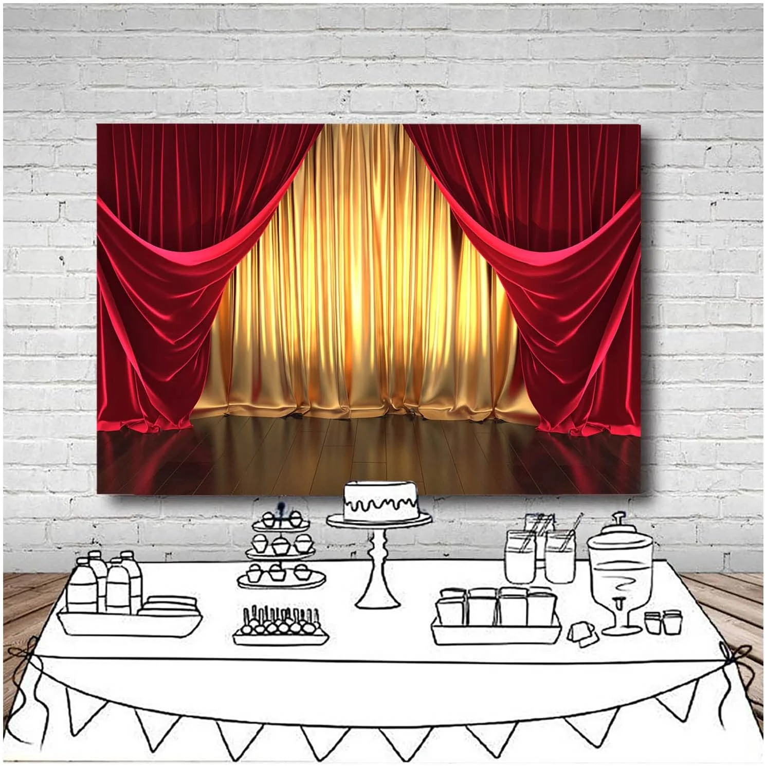 پرده های سه بعدی قرمز و طلایی Qian، پس زمینه عکاسی با تم صحنه تئاتر، دکور جشن تولد عروسی، پس زمینه عکس بنر 150x90 سانتی متر، لوازم استودیویی عکس