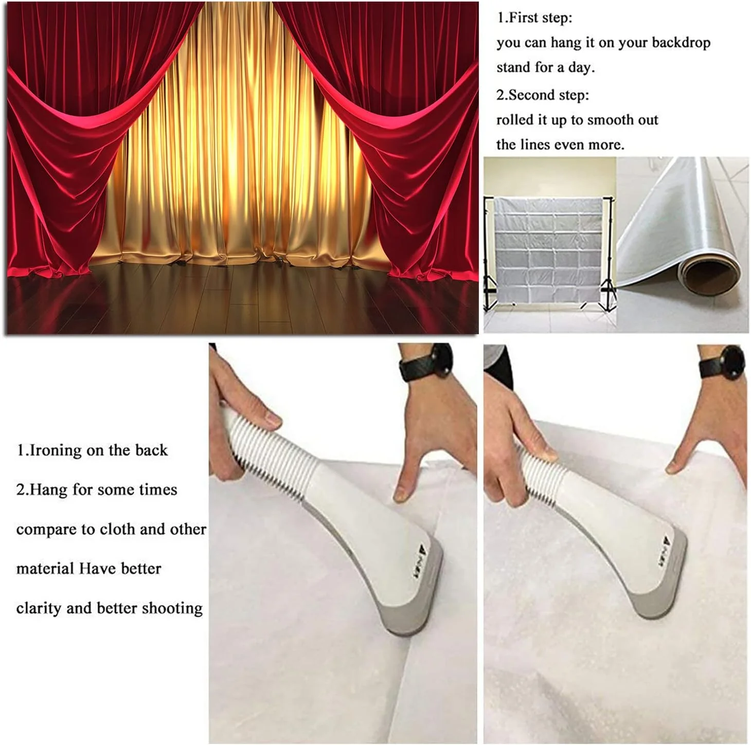 پرده های سه بعدی قرمز و طلایی Qian، پس زمینه عکاسی با تم صحنه تئاتر، دکور جشن تولد عروسی، پس زمینه عکس بنر 150x90 سانتی متر، لوازم استودیویی عکس